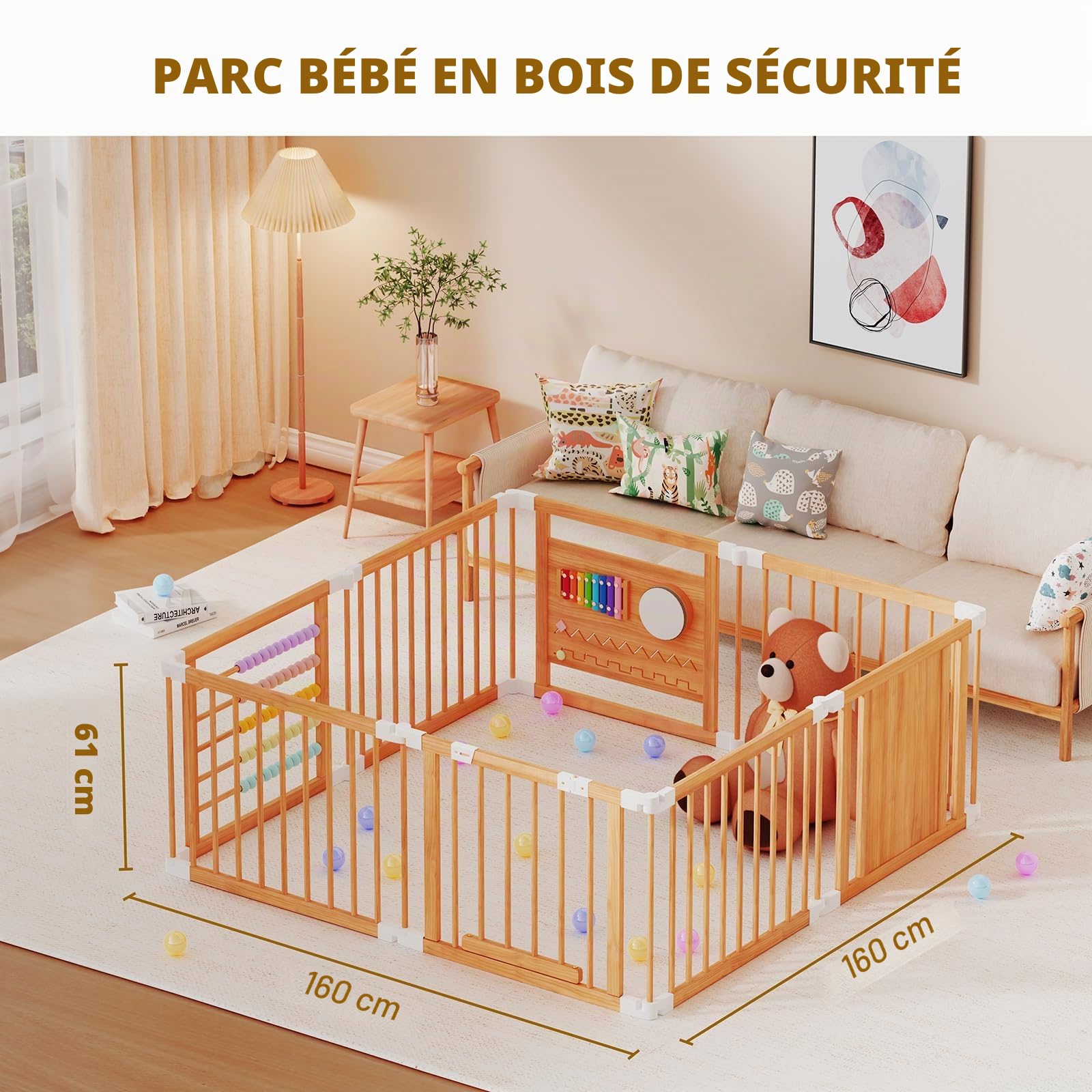 Meublaty Parc Bébé Pliable en Bois 160x160x61cm, Enfant, de Jeux -8 pièces | Modulable et ajustable, Aire de jeu pliable, Enclos de sécurité, Usage intérieur