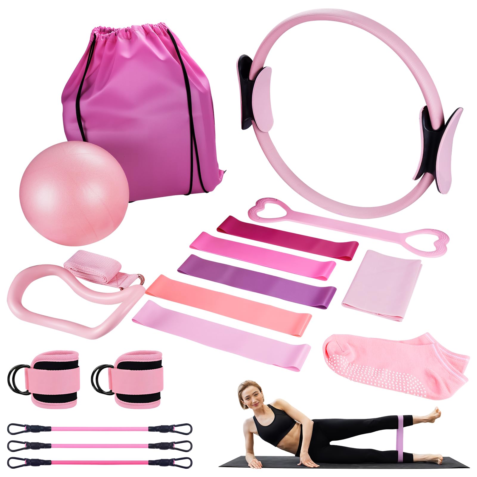Juego de 18 piezas de anillos de pilates, incl. anillo de pilates, bola de yoga, banda de fitness, anillo de tensión, anillo de masaje, compatible con equipos de fitness para gimnasio en