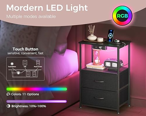 Miniatura 5 de Casaottima Mesita de noche con estación de carga y luces LED, mesa auxiliar para dormitorio con 2 cajones de tela, mesita de noche pequeña con
