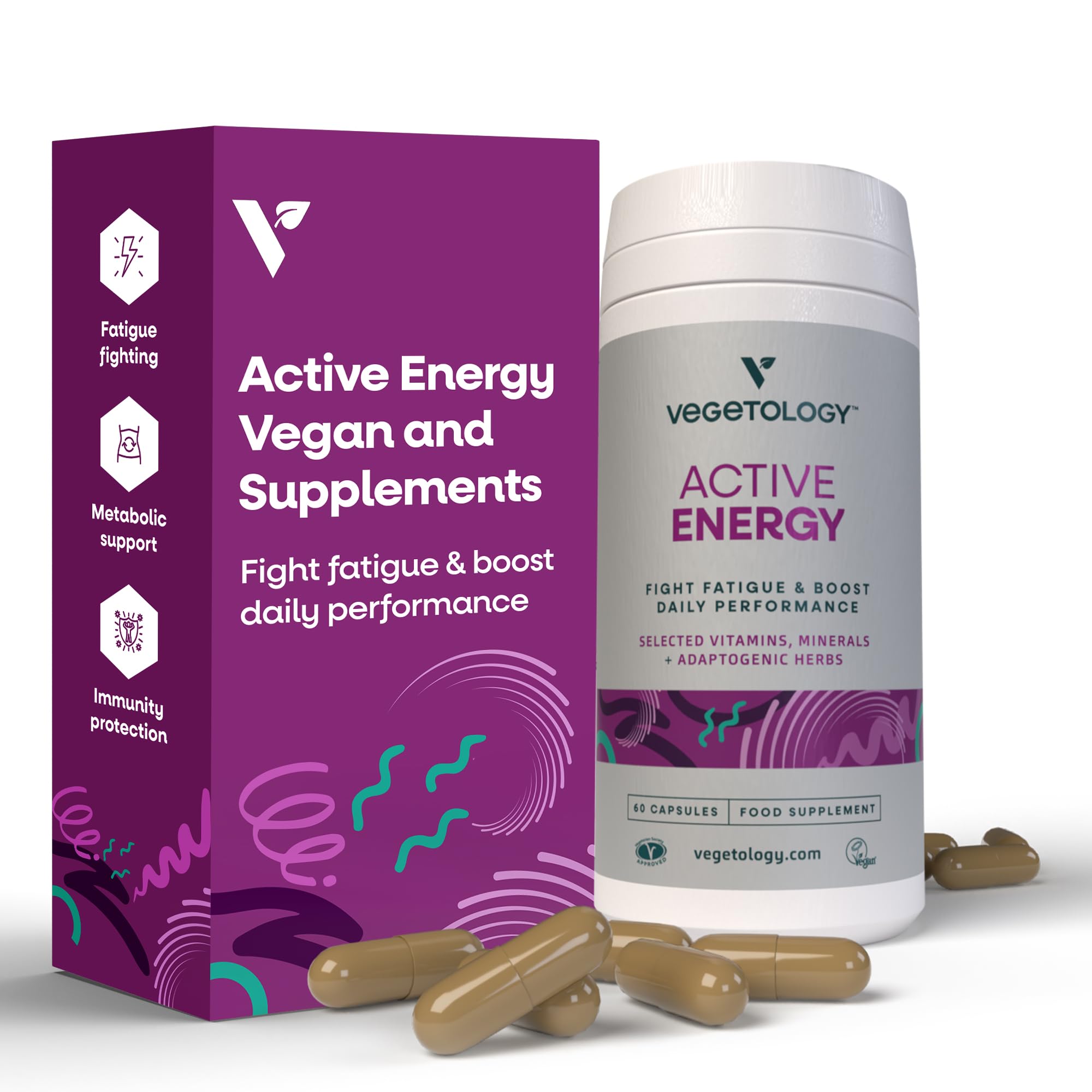 VEGETOLOGY Active Energy Supplements – Fatigue-Fighting C & B Vitamin Supplements – Vitamin Supplement w/Folate, Iron & Adaptogenic Herbs – Caffeine-Free Multivitamin Capsules (60 Counts)