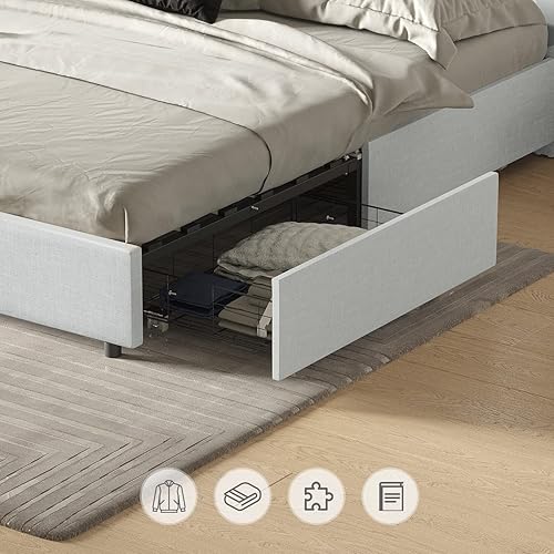 Miniatura 6 de BONSOIR Base de cama de almacenamiento tamaño Queen tapizada de perfil bajo con cabecera tradicional copetuda y clavos