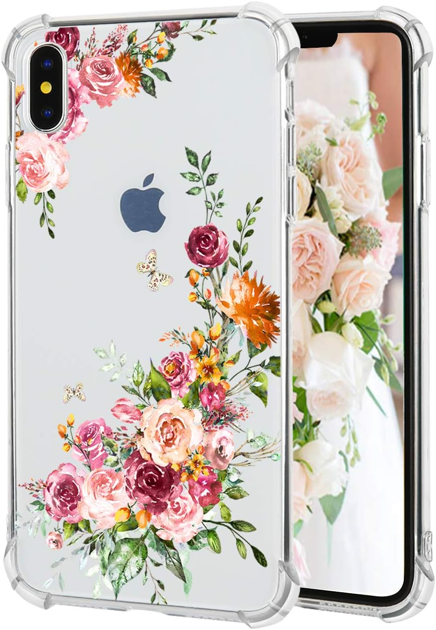 iPhone Xs Max Case Floral Pattern Clear Thin Soft TPU Slim Flexible Shockproof Bumper Phone Cases for Women Girls-Pink Rose Butterfly[6.5"]