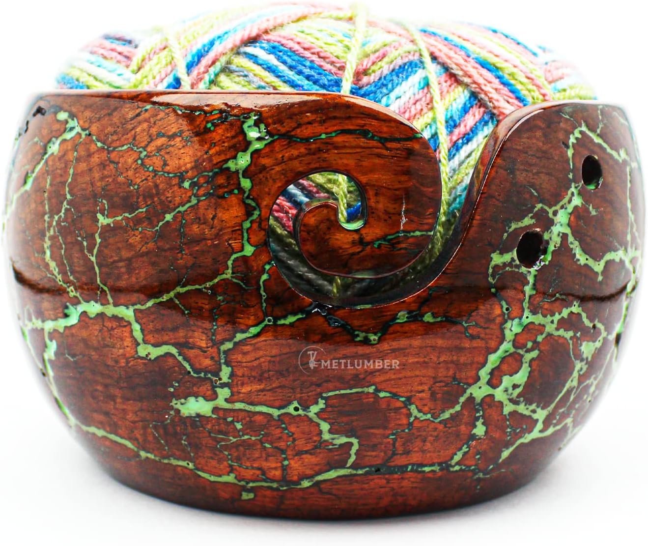METLUMBER Wooden Yarn Bowl Rosewood Yarn Storage Bowl Holder & Dispenser for Tangle-Free Yarn Perfect Large Knitting & Crochet Bowl Fractal Wood Burning & Resin Artwork (Green)