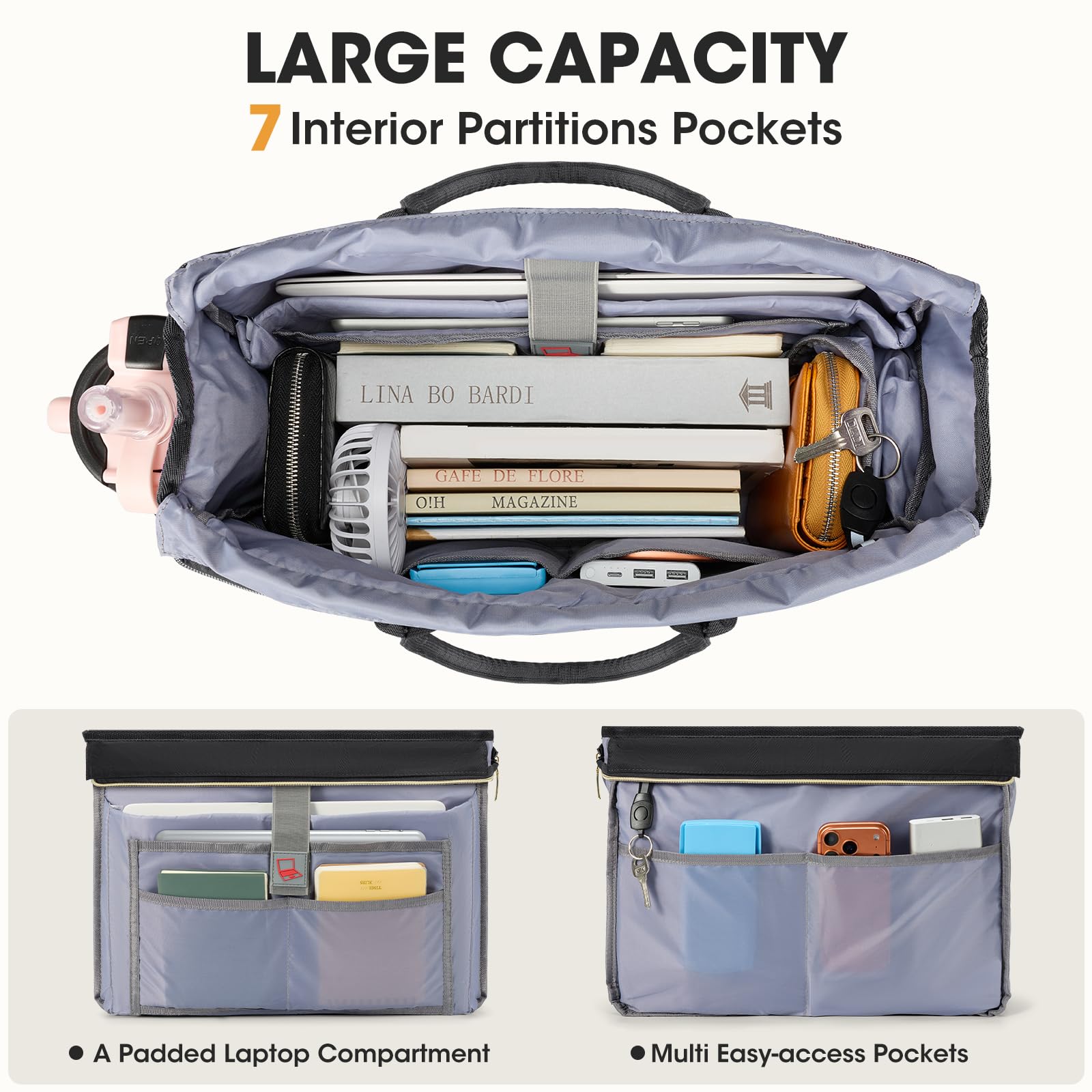 RAINSMORE Lehrertasche Damen mit Lunchfach 17.3 Zoll Laptoptasche Groß Isoliertes Fach Wasserdicht Arbeitstasche für Büro Uni Reisen Shopper Handtasche Schwarz