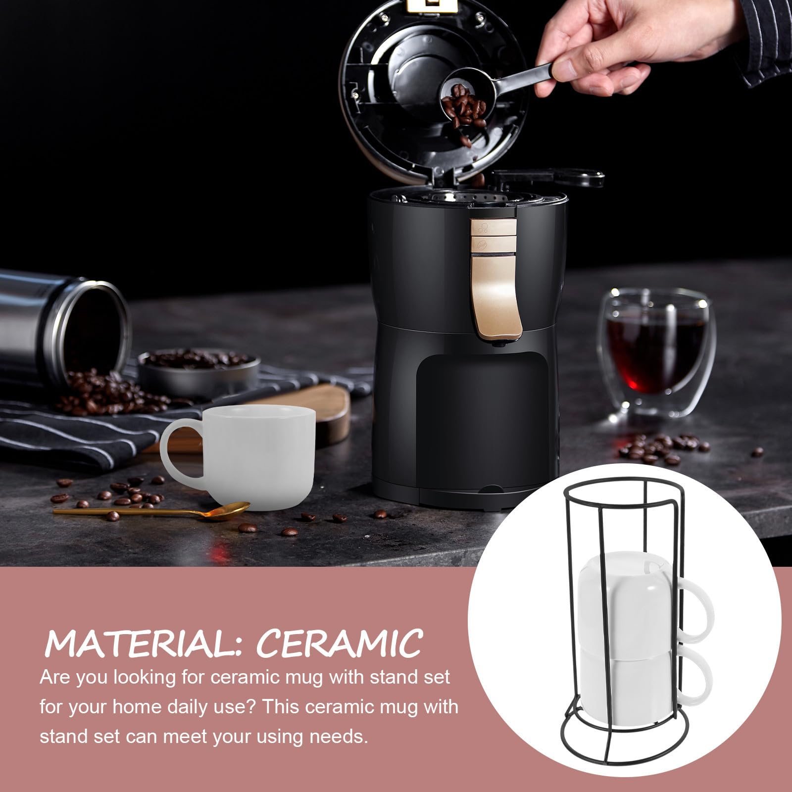 Alipis Tazas de Cerámica Bordes Suaves y Resistentes de Color Claro Juego de 4 con Soporte de Hierro para Café y Té Adecuado para Cafés y Oficinas