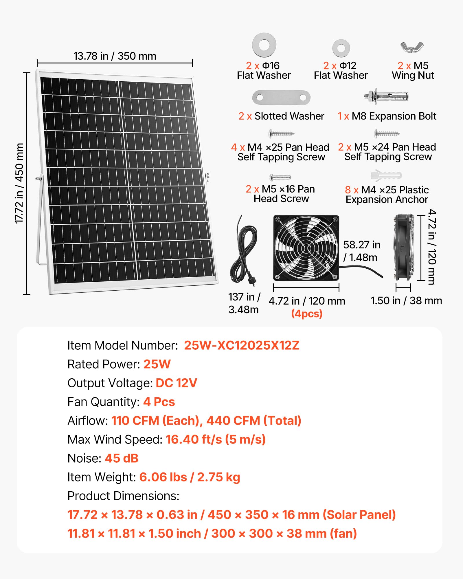 VEVOR Ventilatore ad Energia Solare per Scarico d'Aria, Ventola con Pannello Solare Regolabile da 25 W con 4 Ventole velocità di 2668 Giri/min, Ventilatore per Circolazione d'Aria per Serra Pollaio
