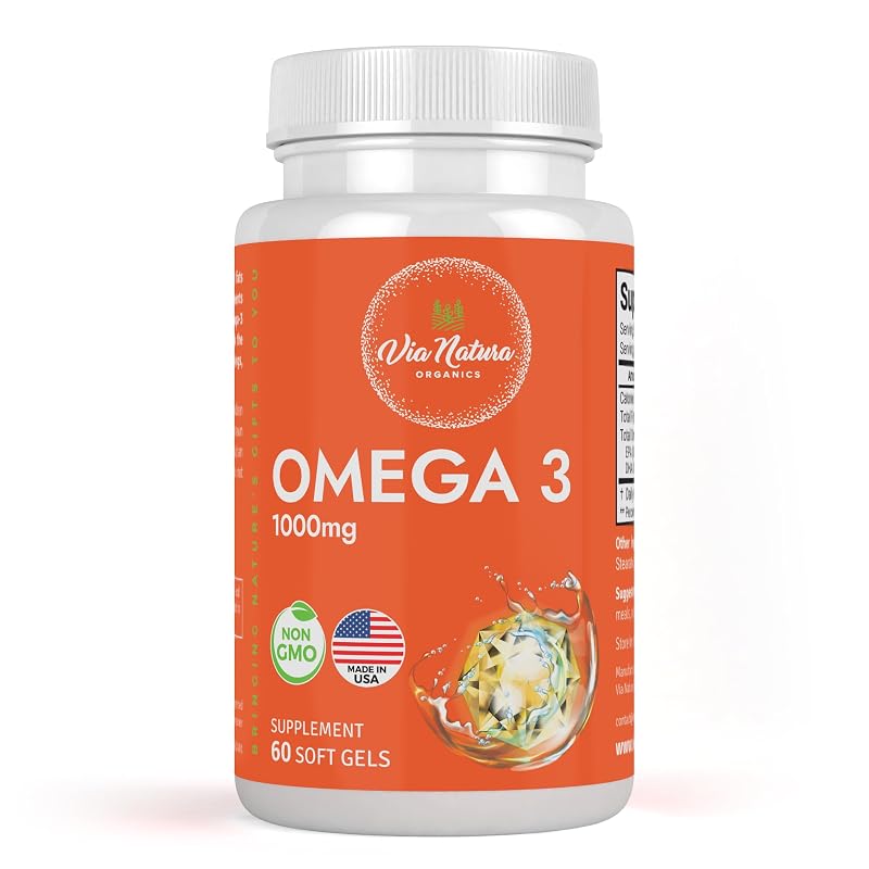 Via Natura Organics Ômega-3 óleo de peixe 1000 mg com EPA e DHA, 60 cápsulas softgel