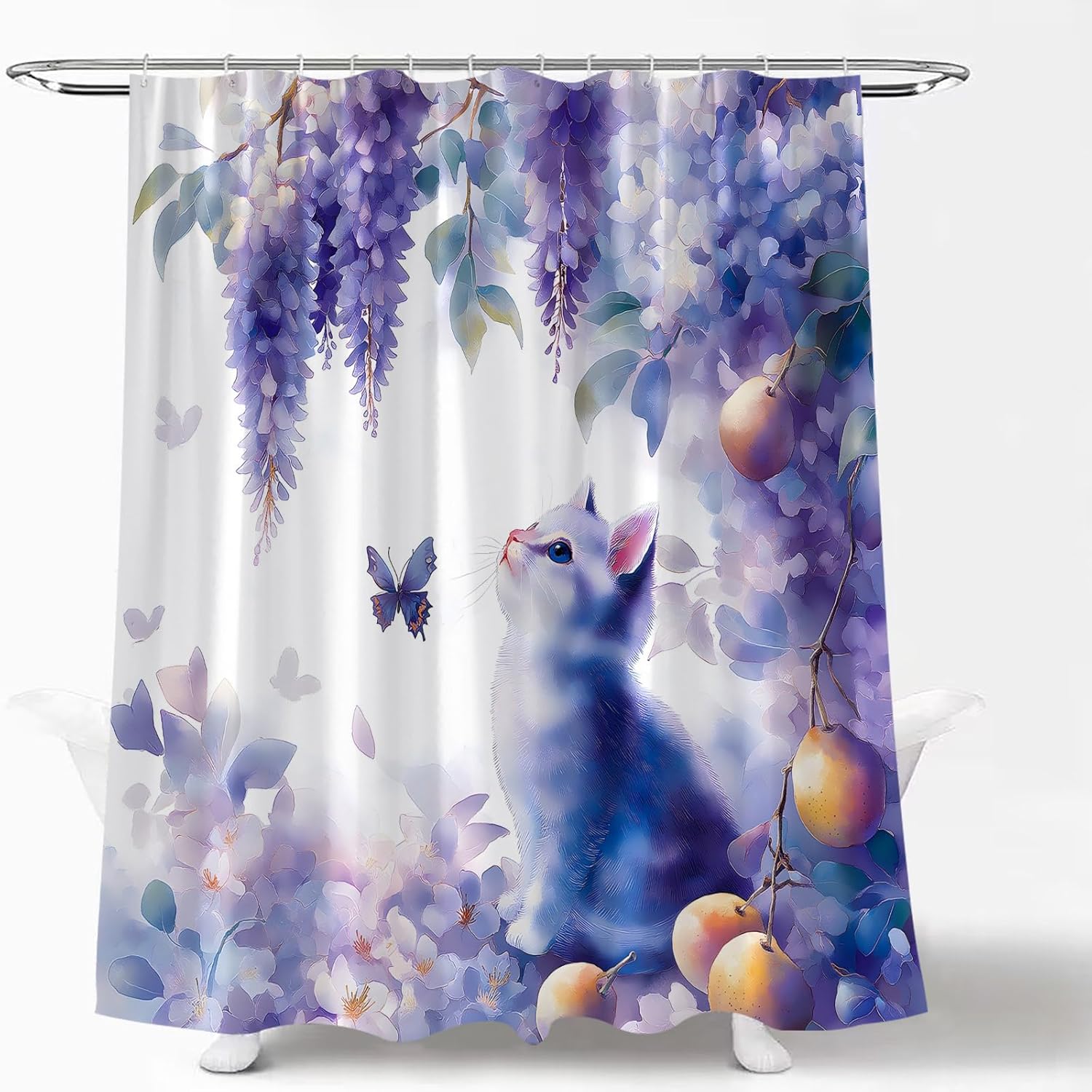 Wisteria Floral Cat Shower Curtain Cute Cat Purple Flower Butterfly Orange Fruit Watercolor Plant Rustic Botanical Spring Scenery White Modern Fabric Bathroom Curtain Set with Hook