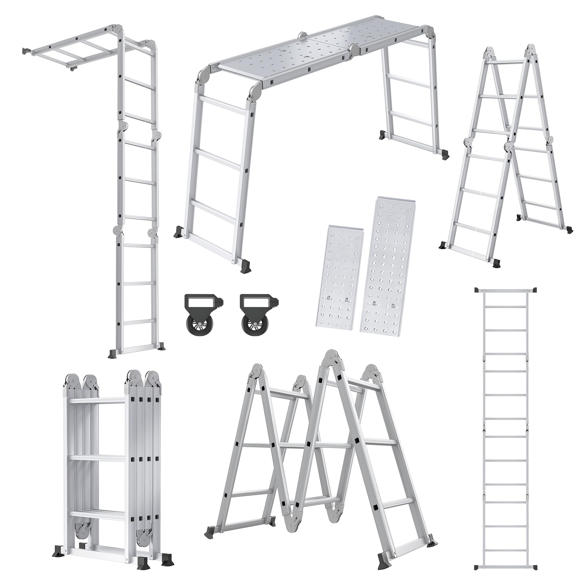 YRHome 6 in 1 Leiter Mehrzweckleiter Alu Gelenkleiter Klappleiter Steigleiter 340cm Multifunktionsleiter Aluleiter Kombileiter mit Plattformbis 150KG belastbar 4x3 Stufen Silber