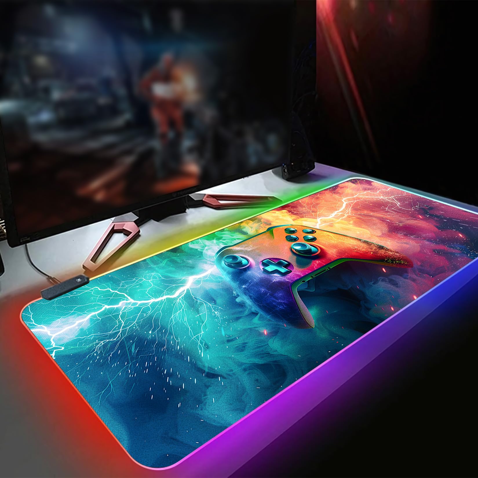 Tapis de souris de jeu à DEL XL avec 14 modes d'éclairage – Tapis de souris lumineux, 80 x 30 cm, antidérapant, style manette de jeu RVB, accessoires de jeu long et lumineux, noir
