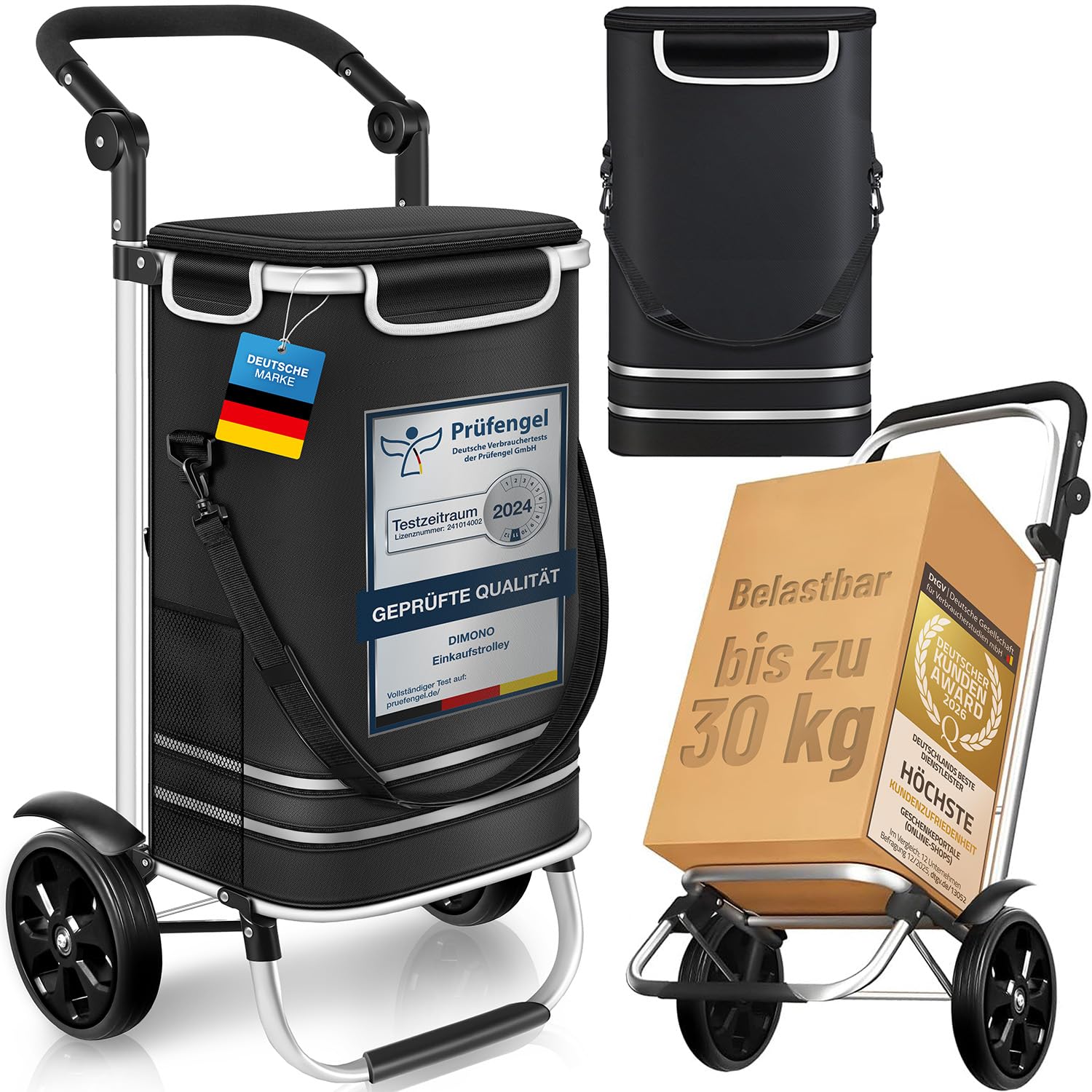 Dimono® Einkaufstrolley Klappbarer 3 in1 Trolley zum Einkaufen; 56 Liter inkl. Kühlfach; Transportwagen Shopping-Trolley Einkaufswagen Einkaufstasche (Schwarz) (Schwarz)