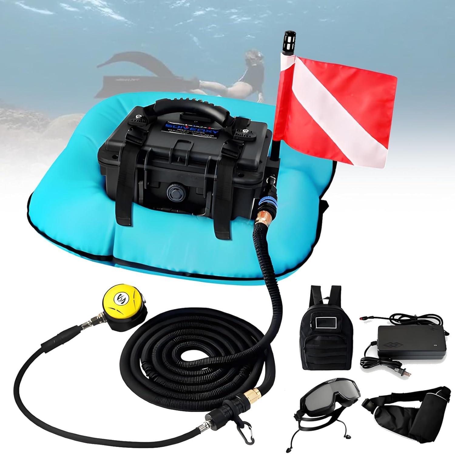 Electric Diving Respirator, Portable Diving Rebreather, Rechargeable Scuba Tankless Diving System, Maximum Diving Depth 9 Meters, for Underwater Photography, Fishing. Blue-2Battery