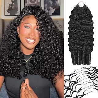 Burmese Curly Crochet Hair For Women Miracle Knots Crochet Human Hair Bundles Pre-Separated Feather Crochet Hair 22 Inch 60g Premium Crochet Human Hair,No Tangle & Reusable, Natural Black Color