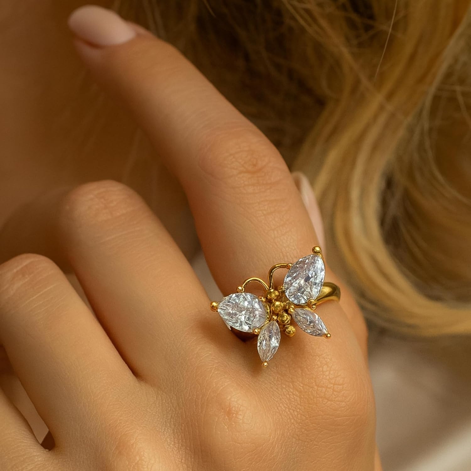 18K Gold Plated Butterfly Ring for Women - CZ Mariposa Waterproof Stainless Steel Ring - Anti-Tarnish Stackable Gold Jewelry for Everyday Wear - Image 3