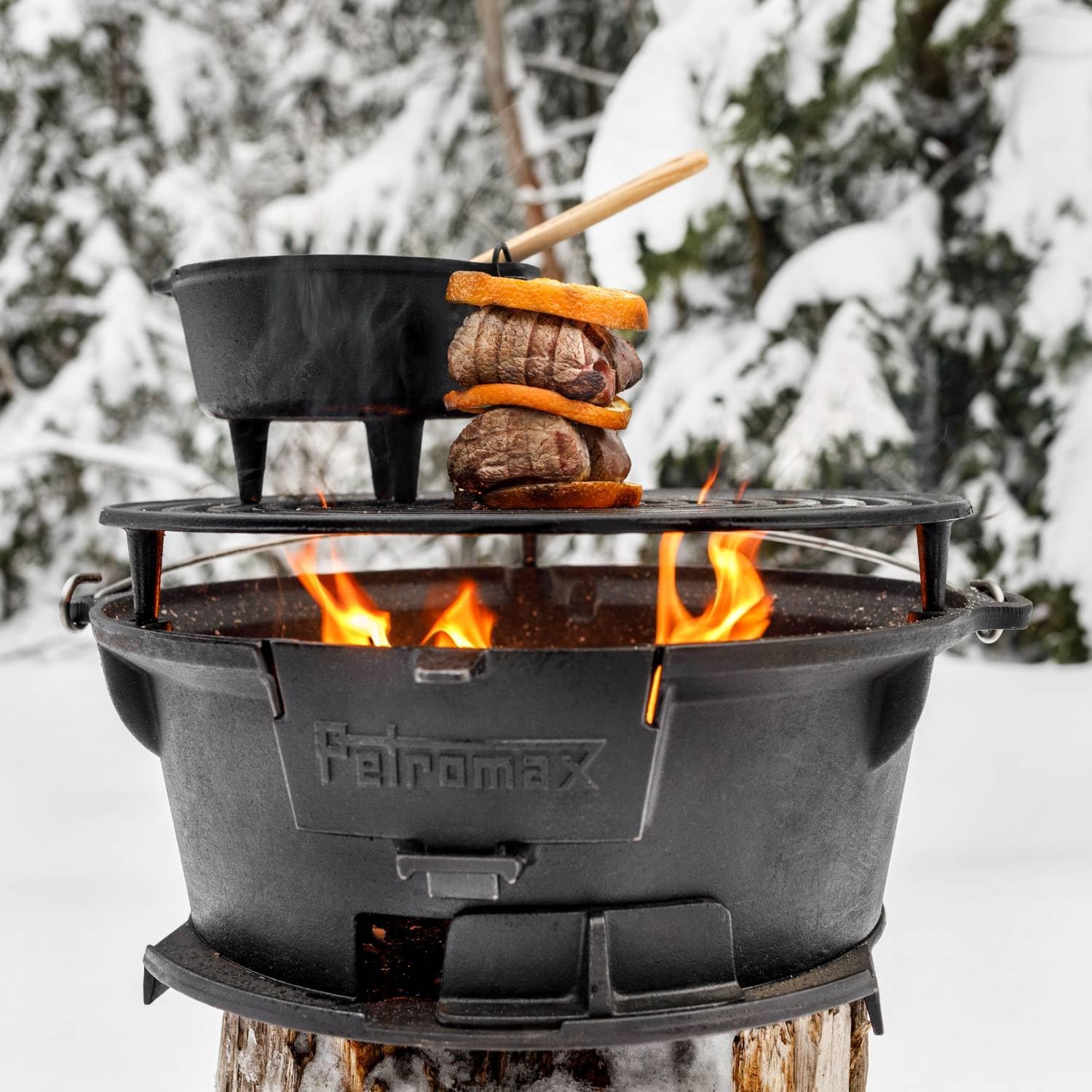 Petromax Cast Iron Fire Grill and Dutch Oven Cooker with Handle for Easy Transport Outdoor Cooking, 16.5 inch Diameter