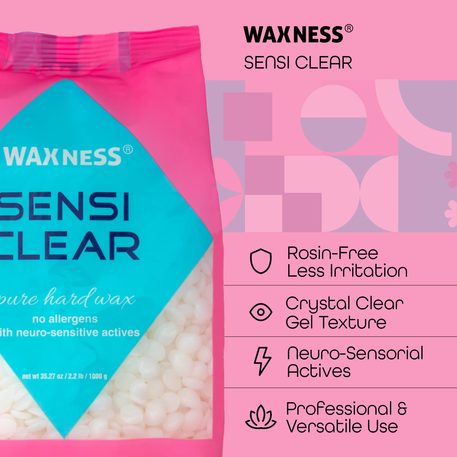 Waxness Film-Hartwachsperlen Sensi Clear 1 kg - Film-Hard Wax Beads für sanfte Haarentfernung ohne Streifen - Transparentes Wachs ohne Kolophonium, für empfindliche Haut/French Kiss matt