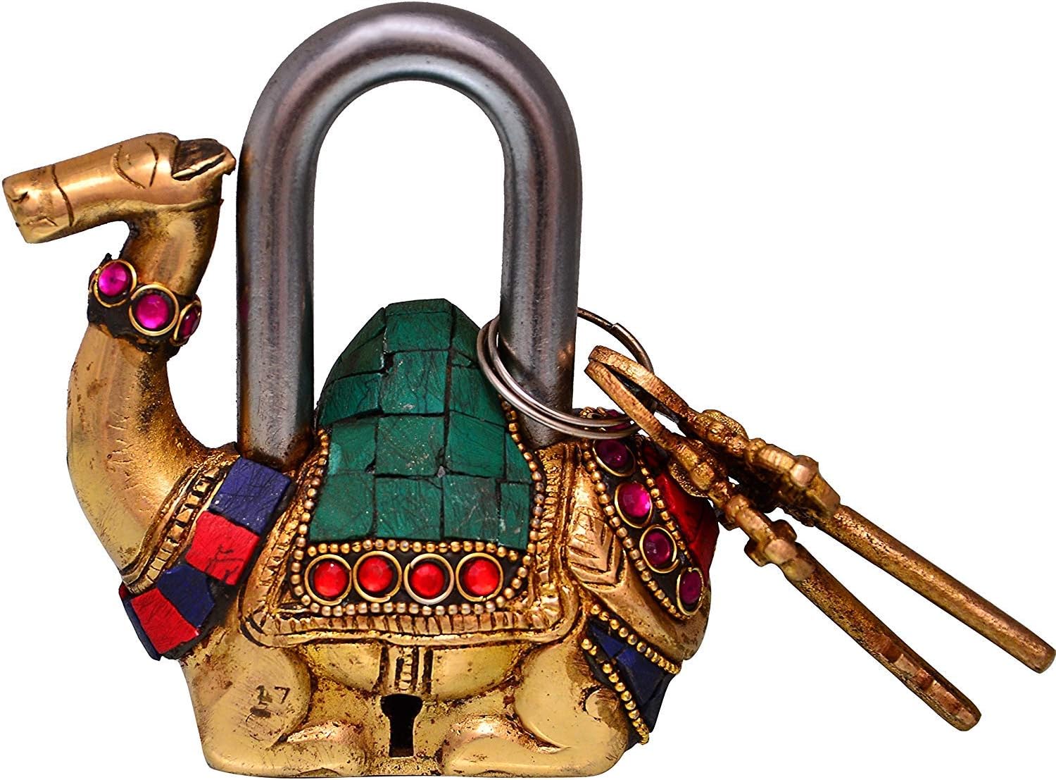 Camel Shaped Brass Lock Padlock: Handmade Antique Design with Colorful Gemstone Work; Unique Collectible Combination of Style & Security