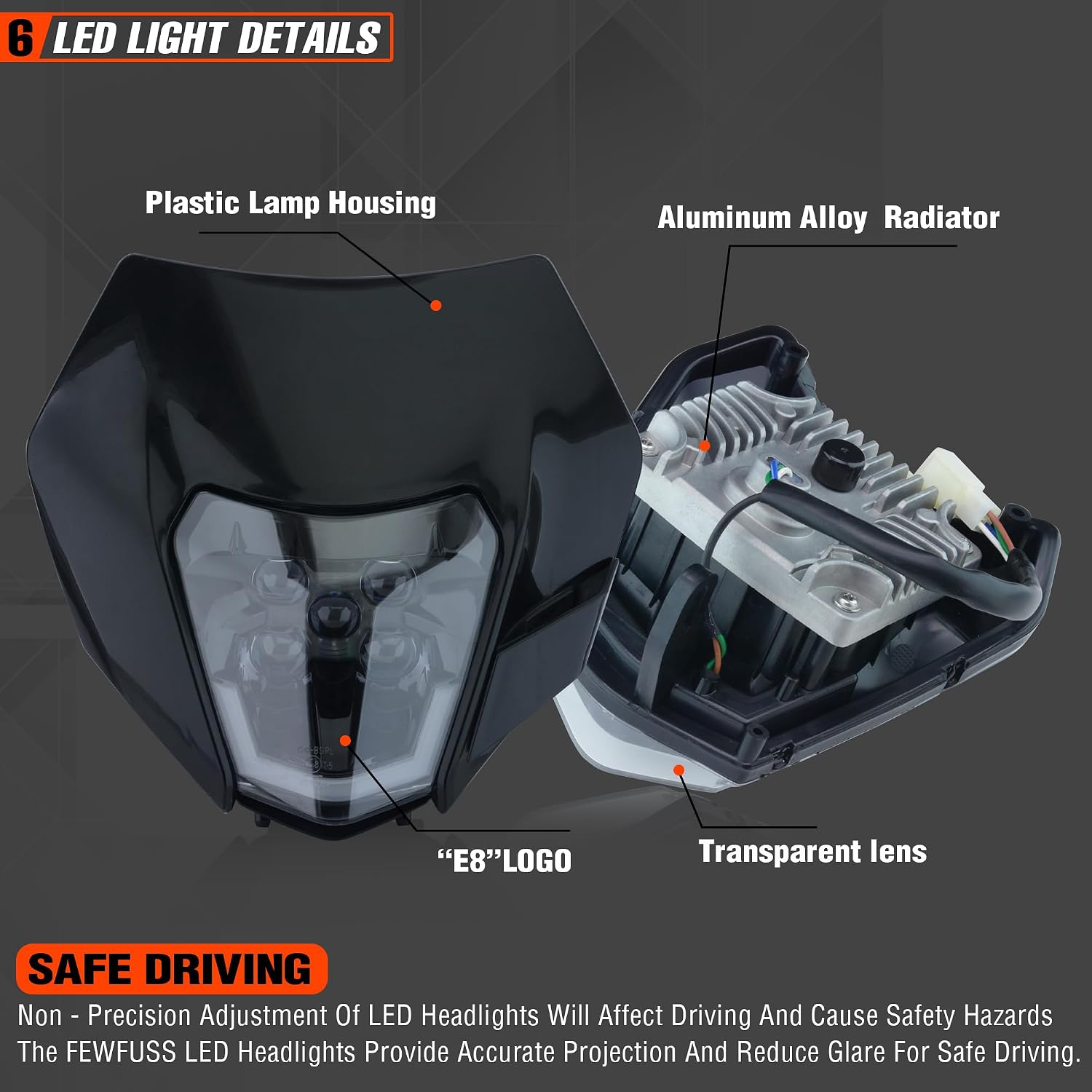 Dirt Bike LED Headlight - Universal Motorcycle Enduro Headlight - LED Head Lamp for Pit Bike ATV EXC XC SX (Black)