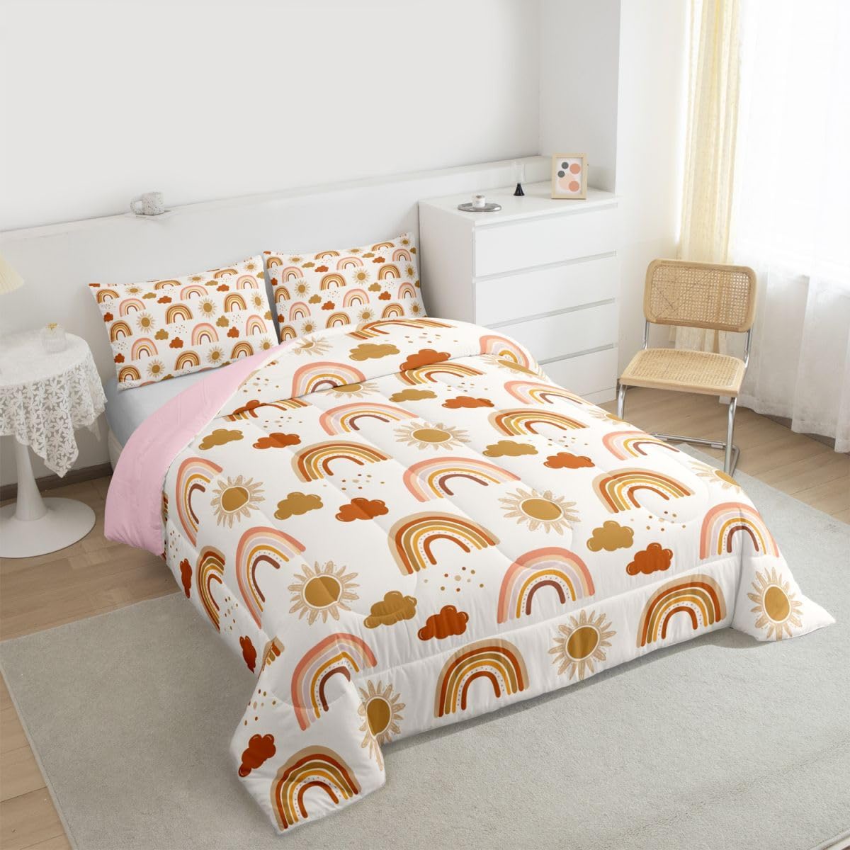 Erosebridal Cute Boho Rainbow Comforter Set for Boys Girls Bohemian Clouds Sun Bedding Full, Cartoon Rainbow Stripes Bedding Comforters Breathable Soft Quilt Duvet with 2 Pillowcases, Orange Beige