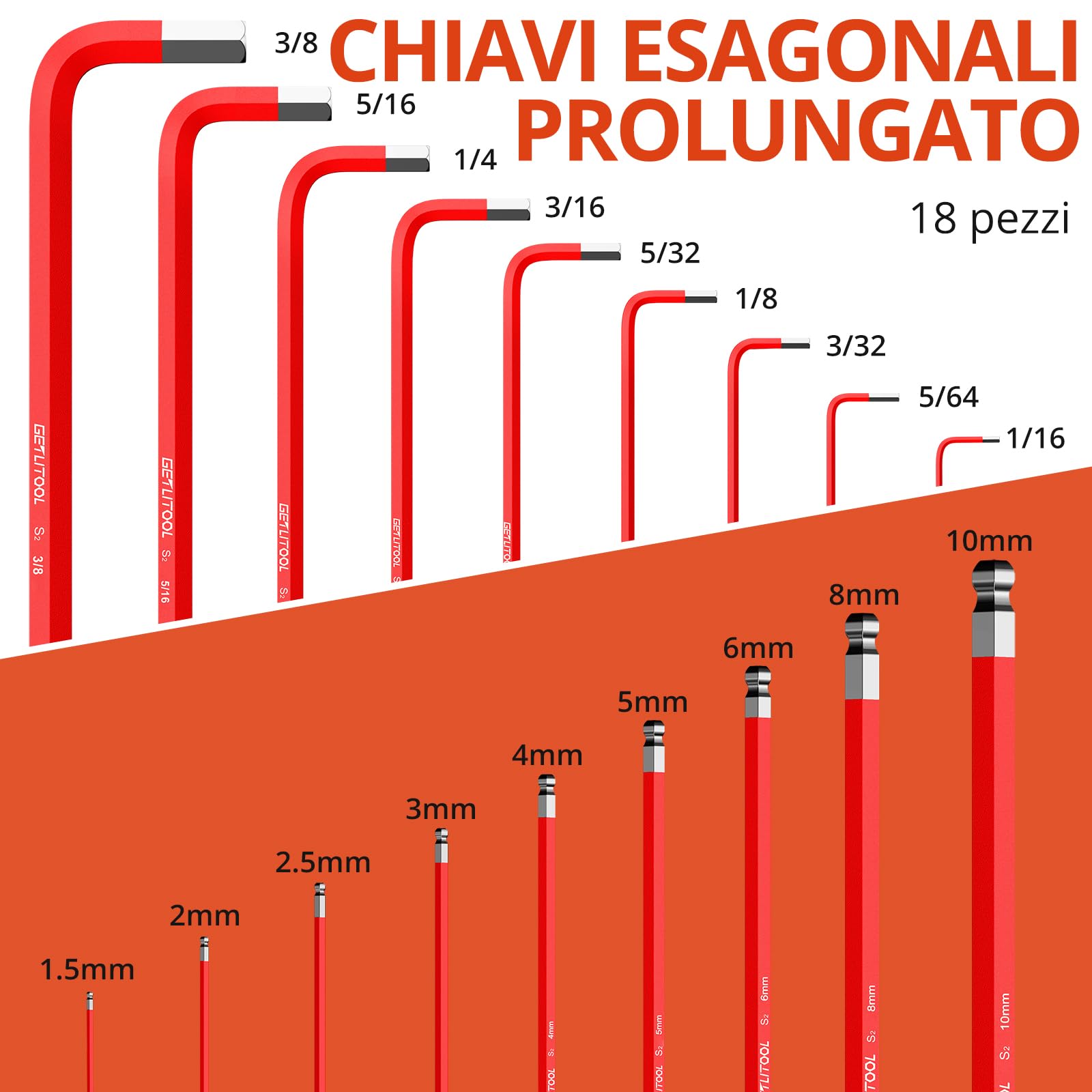 GETLITOOL Set 18PZ Chiave a Brugola Magnetica con Testa Sfera Metrica/Pollici in Acciaio S2 18X Chiavi Esagonali a T Extra Lunga Diametro 1.5-10mm 1/16''-3/8''inch + Maniglia di Coppia - Rosso