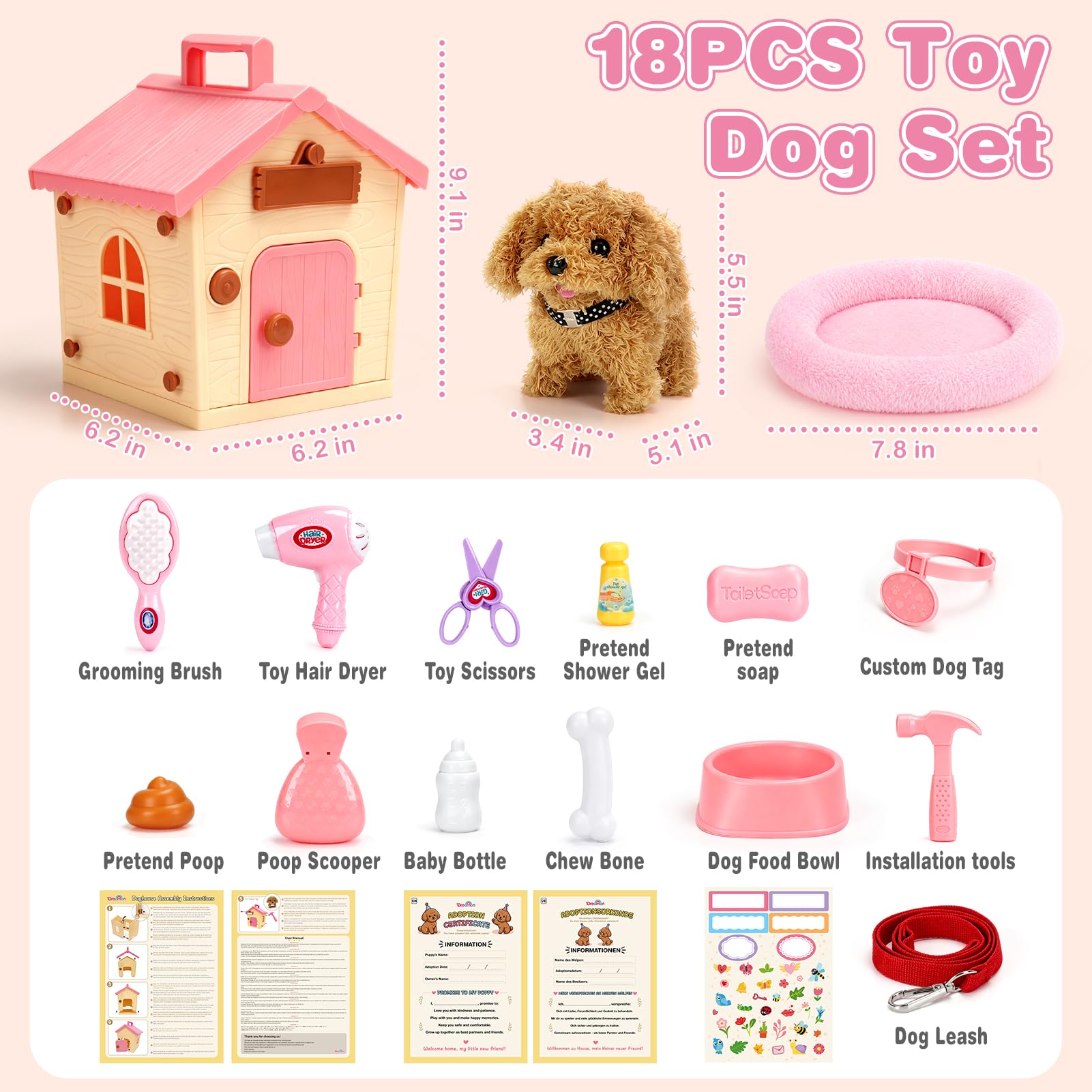 Dreamon Hund Spielzeug Kinder Spielzeug Hund Der Läuft Und Bellt Interaktiver Mit Hundehütte Pflege-Set Und Zubehör Für Die Tierpflege Geschenk Mädchen 3 4 5 Jahre