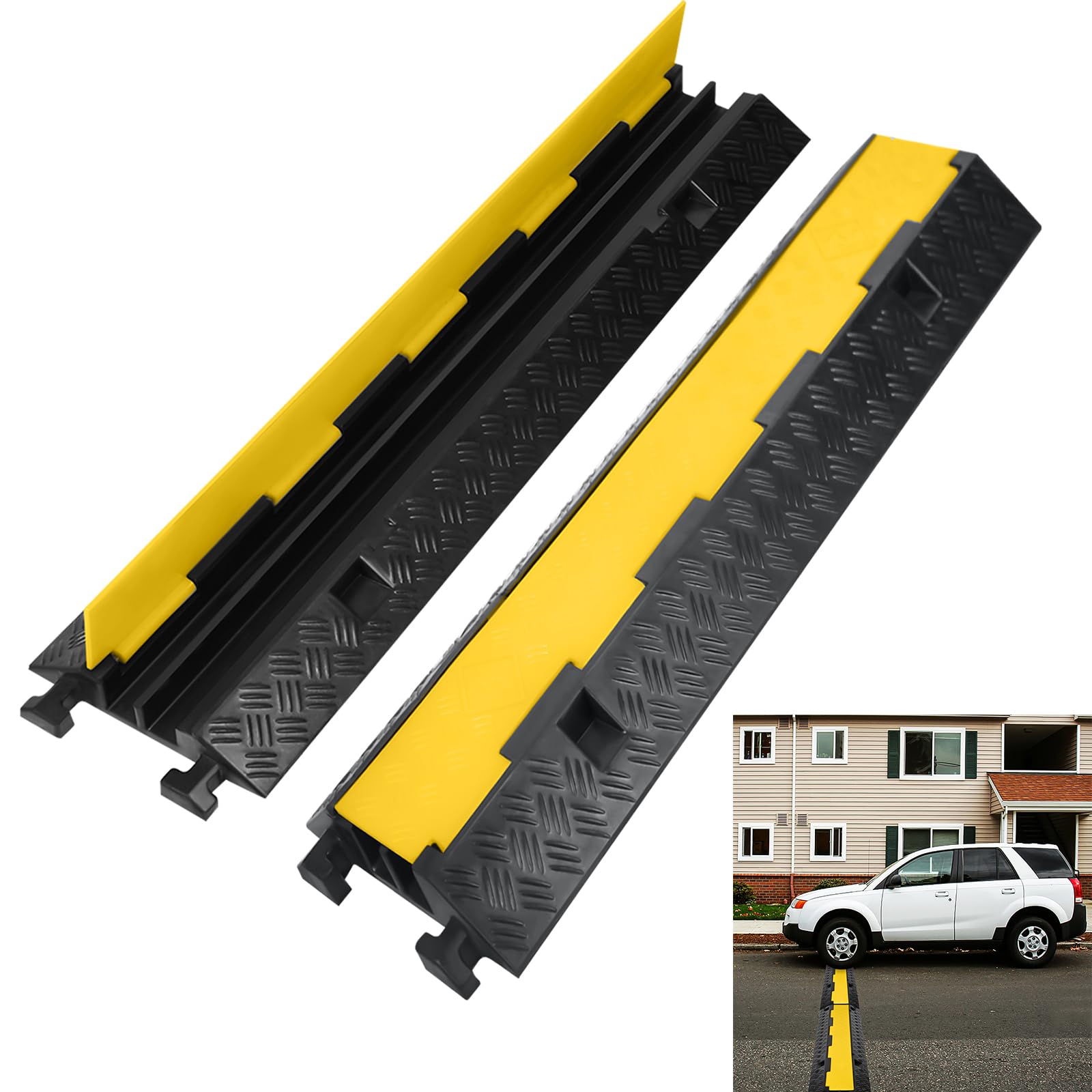 YRHome Ponte per cavi a 2 canali, protezione da attraversamento, 100 x 24 x 5 cm, con coperchio, rampa estraibile, protezione per fermi, in gomma, protezione per auto e camion,