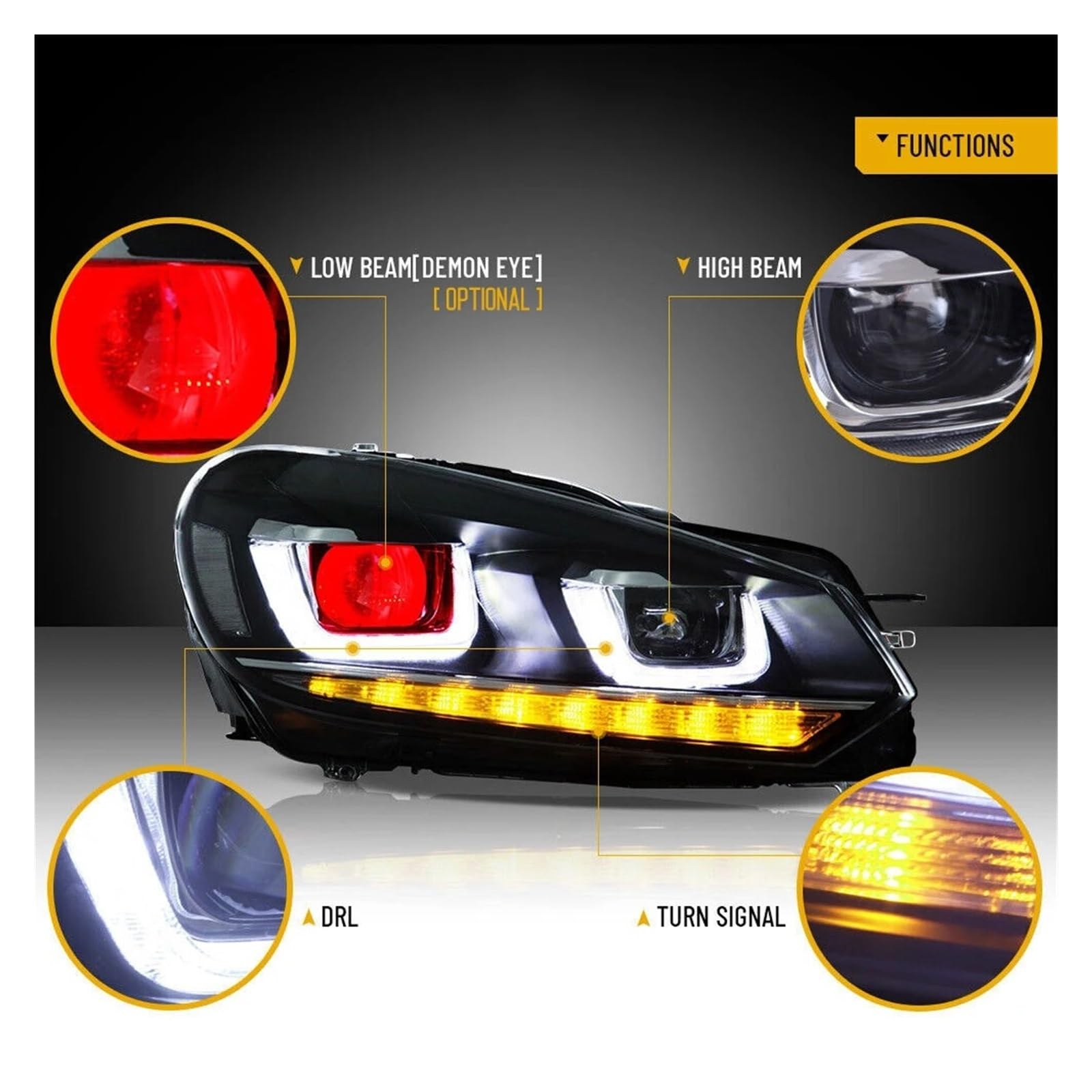 Archaic LED Frontscheinwerfer für VW für Golf 6 2010 2011-2014 Tuning Tagfahrlicht Bi Xenon Projektor Paar Scheinwerfer für Auto (RHD with Demon Eye 1 Paar)