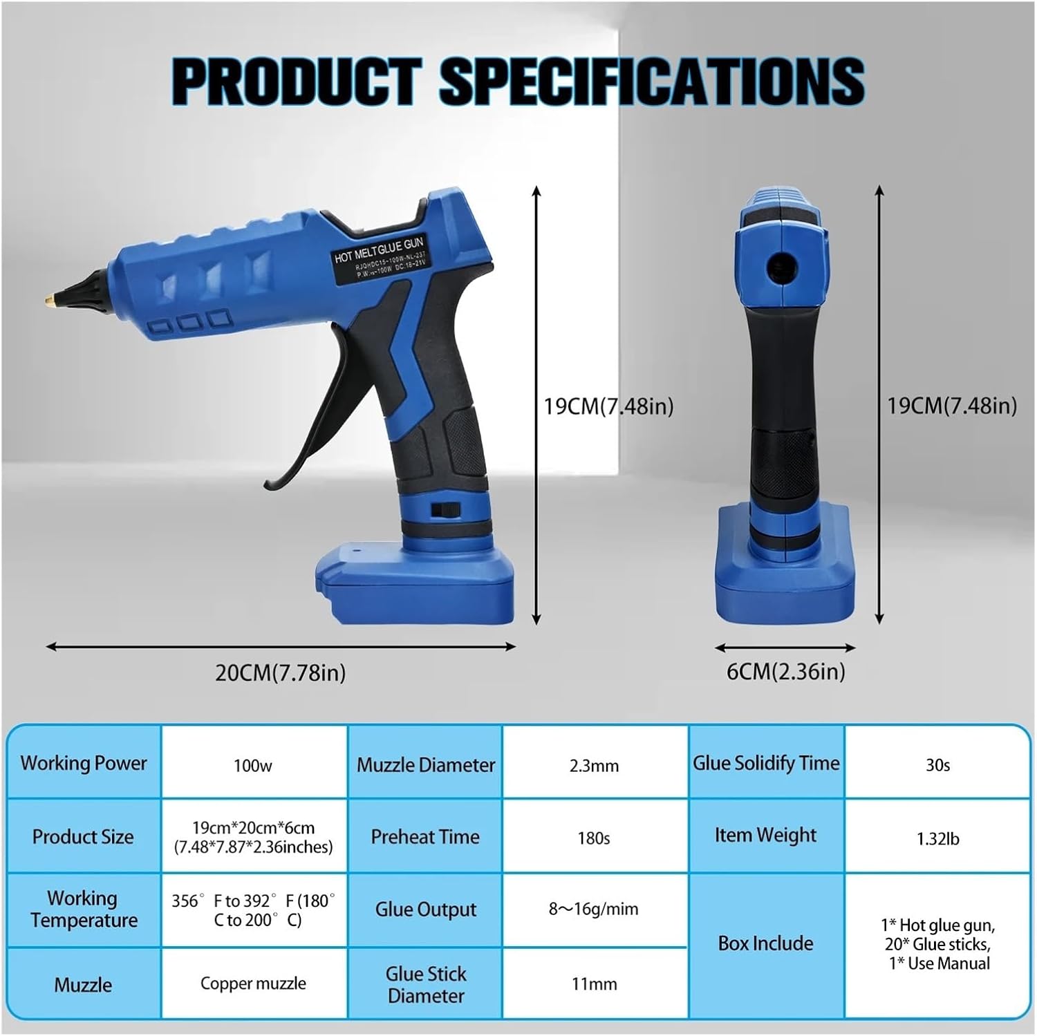 Hot Glue Gun 50W Cordless Hot Melt Glue Gun for 18V/20V Li-ion Battery Electric Repair Tool 7inches Quick Preheat for DIY/Crafts for DIY Arts, Crafts and Quick Repairs