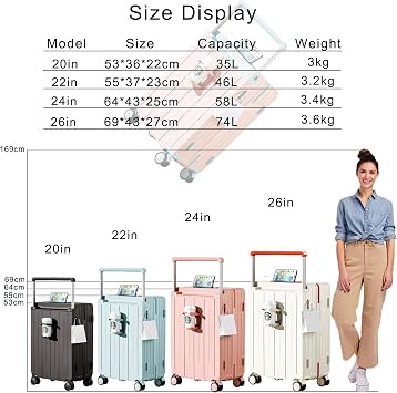 FREEFLY Hard Shell Suitcase Medium Cabin Suitcase Carry on Luggage Suitcase 4 Wheels Best Lightweight Suitcase with Cup Holder USB Charging Port,Black,20in