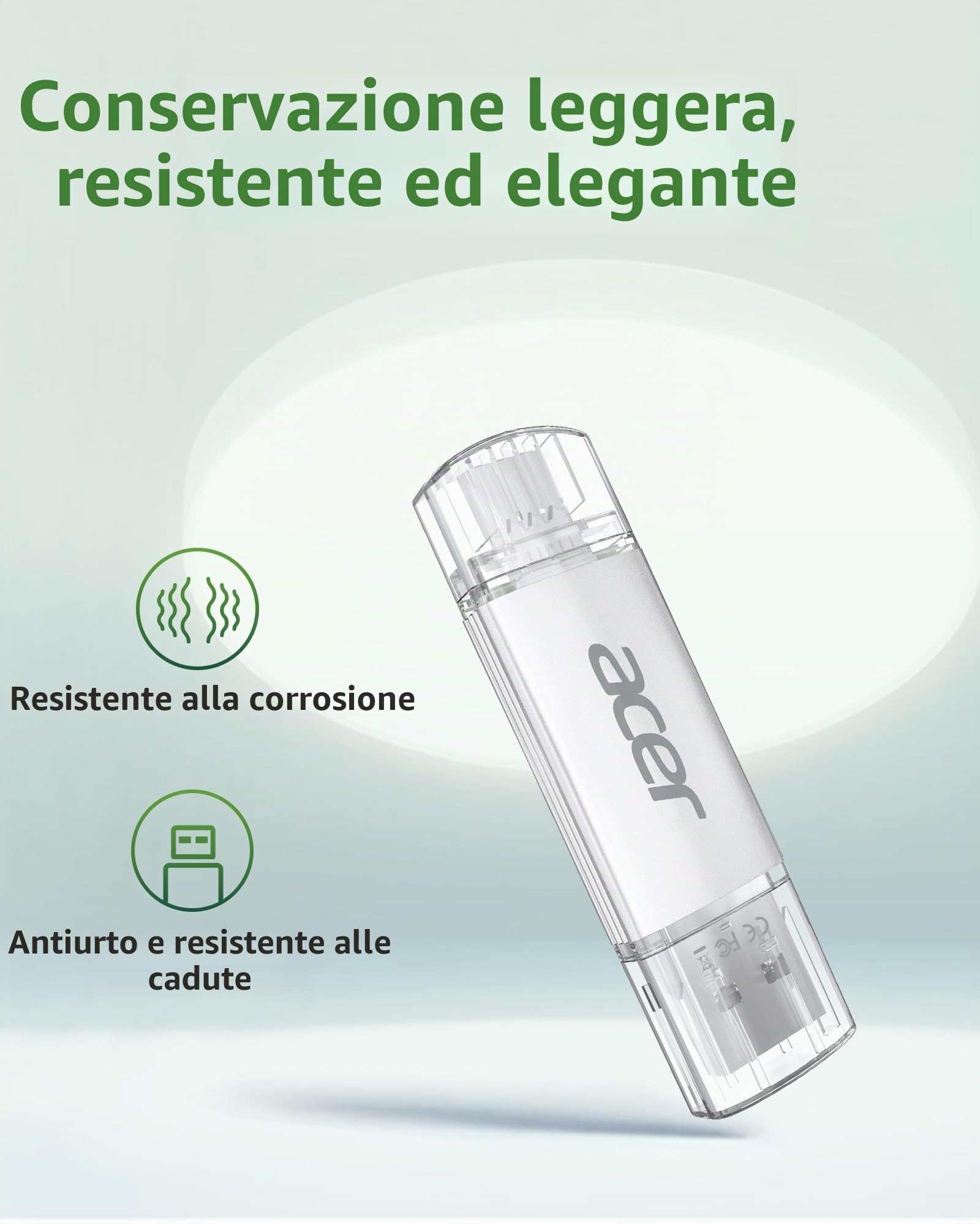 Acer Chiavetta USB UT300 256GB USB 3.2 Gen1 Fino a 150MB/s con Doppia Porta Tipo-A & Tipo-C Chiavetta USB per PC/Laptop/MacBook/Smartphone