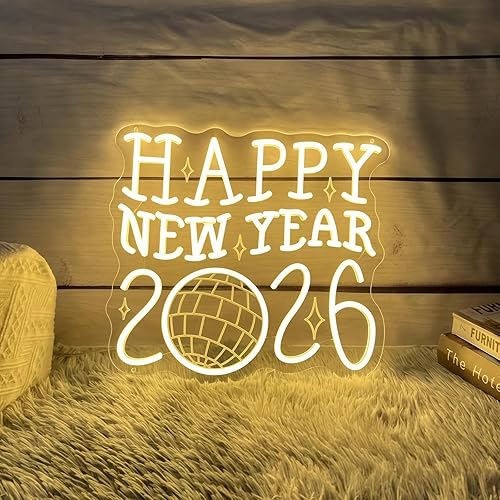 Letrero de neón personalizado con texto en inglés Happy New Year 2026, bola de discoteca LED, decoración de pared para fiestas retro de Año Nuevo,