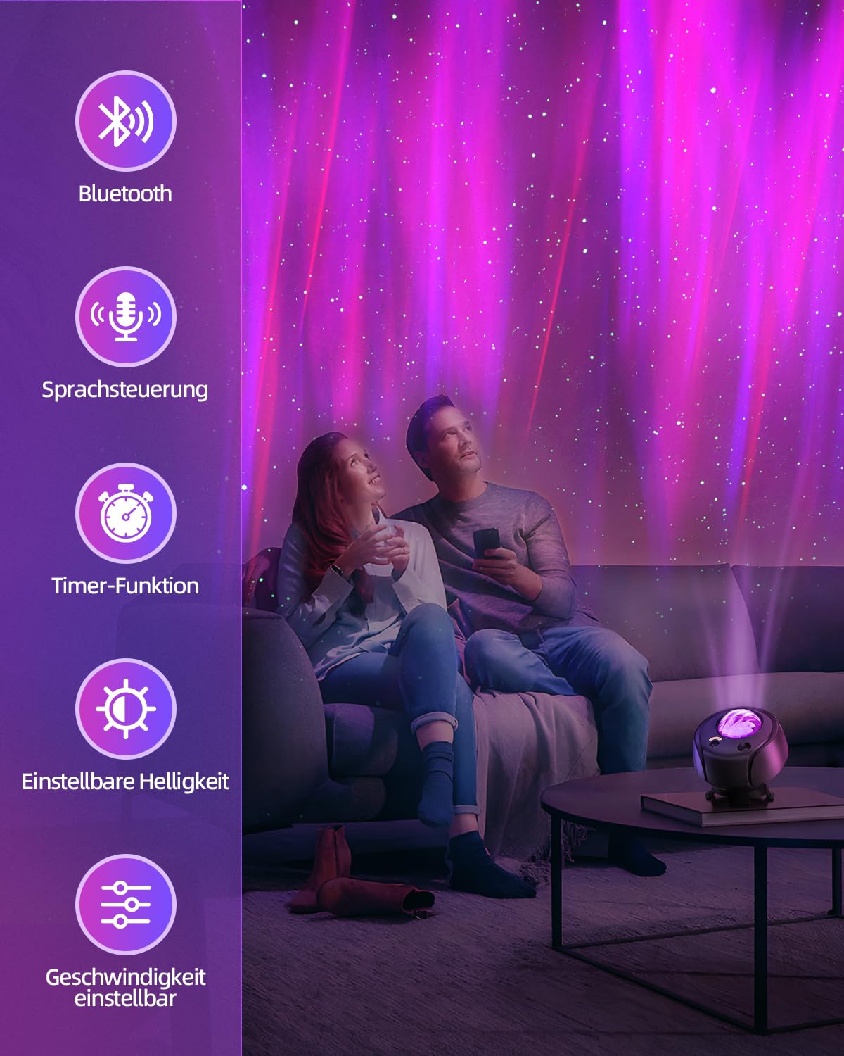 Der größte Abdeckungsbereich Sternenhimmel Projektor,Led Polarlicht Lampe mit 15 Kombinationen,60 Lichteffekte,Ferngesteuertes Nachtlicht mit Bluetooth-Lautsprecher,Timer