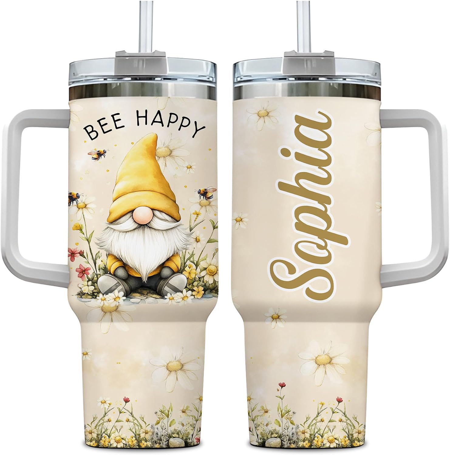 Hyturtle Personalized Summer Gnome Tumbler - Gnome Gift For Women - Gift For Gnome Lover - Mothers Day Gnome Gifts - Gnome Gifts For Birthday - Custom Name Travel Coffee Cup 40oz With Lid and Straw
