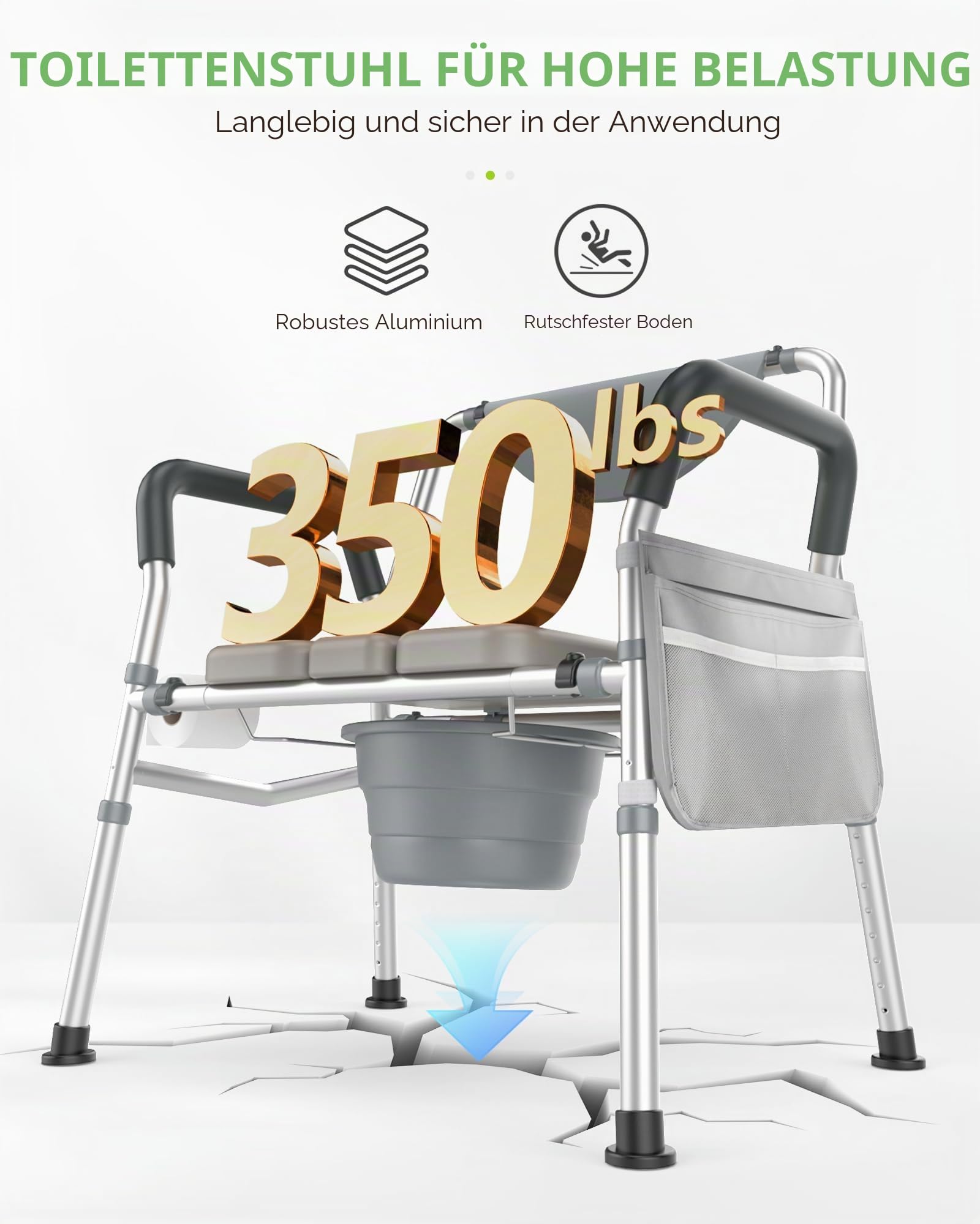 Heavy Duty Bariatric Commode, 4-in-1 Tragbare Nachtkommode oder Über-Toilettenstuhl, extra breit | Höhenverstellbar | Leicht zu reinigen, Handicap Toilettenstuhl für ältere Menschen mit