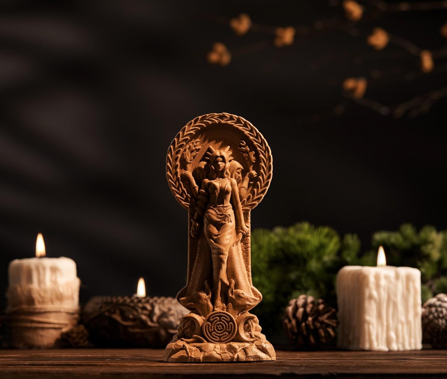 Wooden Hecate Triple Goddess Statue for Pagan Home Altar, Hexe Creative Craft Goddess Key, 3.5 x 1.5 x 9 inches (Wood)