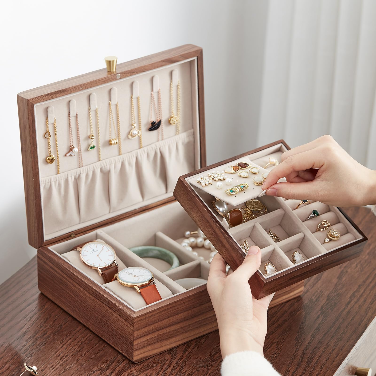 Homruilink Portagioie in legno di noce nero per donne, organizer per gioielli a 2 strati con vassoio rimovibile per orologi, anelli, orecchini, collane, bracciali, regali di compleanno e Natale