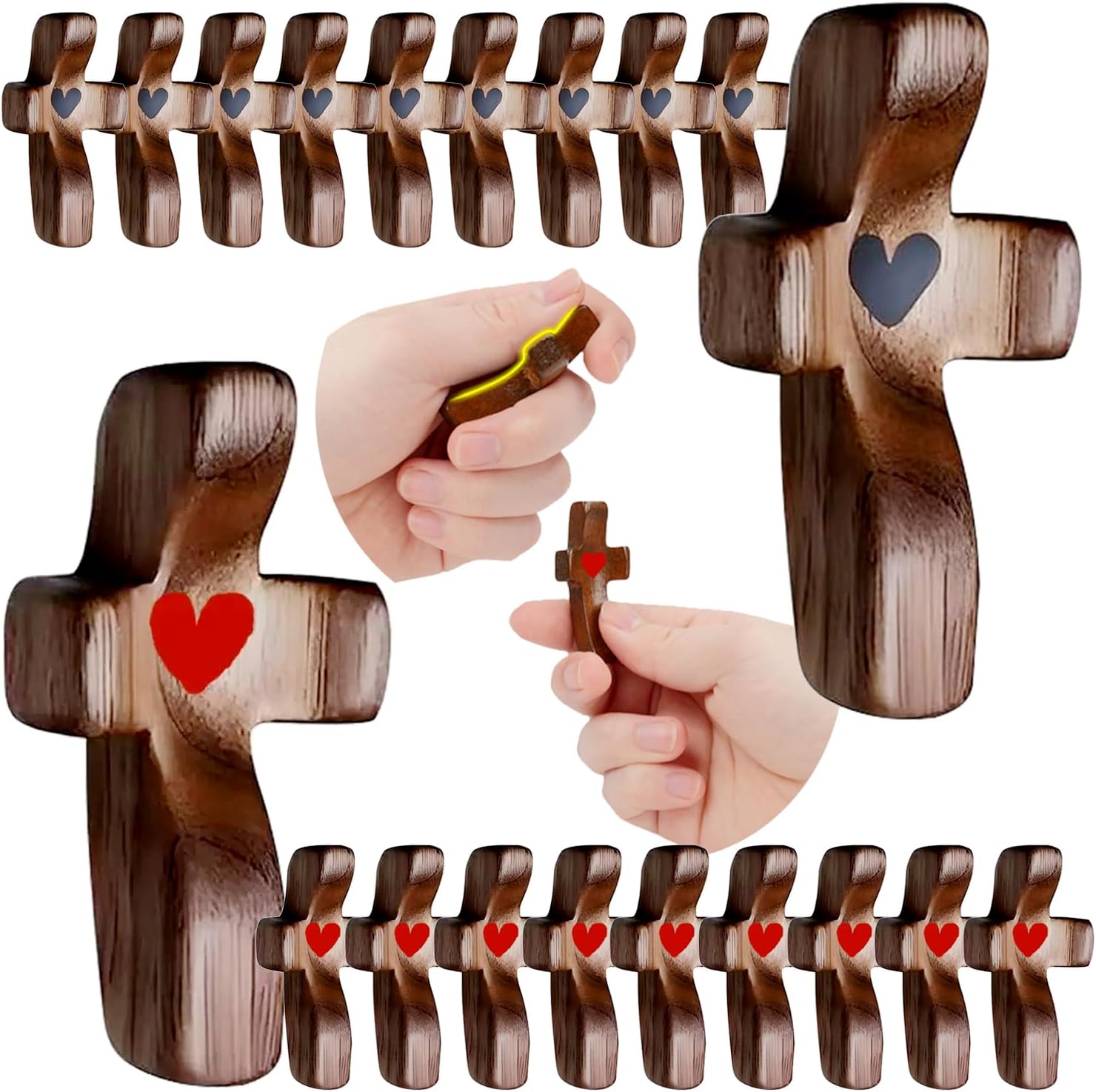 20pcs Handheld Wooden Thumb Cross with My Heart, Christian Gift Anxiety Relief Stress Reduction Prayer Pocket Cross, Wooden Fidget Crosses for Crafts, Religious Clutching Praying Encouragement Gift Present(10 Each Red & Black)