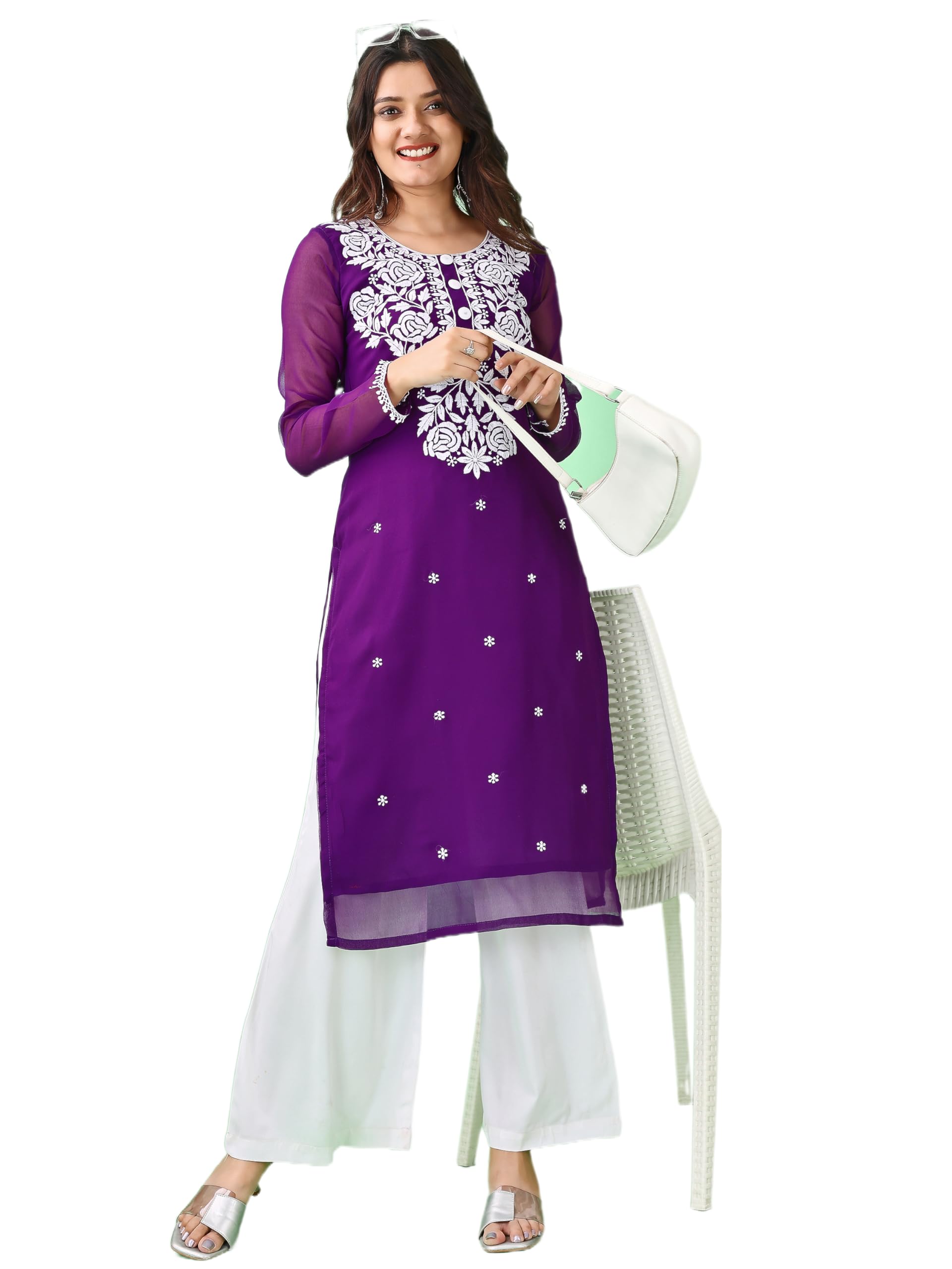 Ketch Women's Georgette White Lakhnavi Chikankari Kurti with Intricate Embroidery Work in white