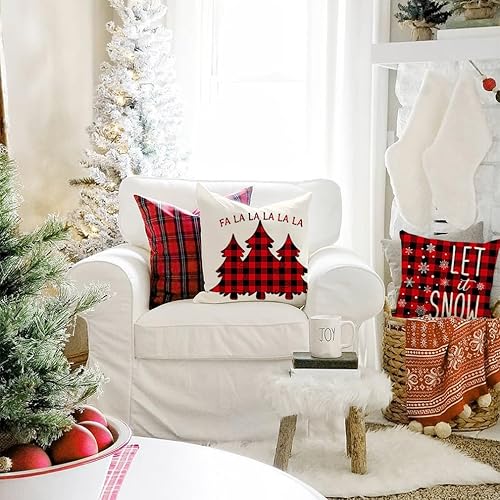Miniatura 6 de Juego de 4 fundas de almohada de Navidad a cuadros rojos y negros de 18 x 18 pulgadas, decoración de árbol de Navidad, almohadas decorativas de