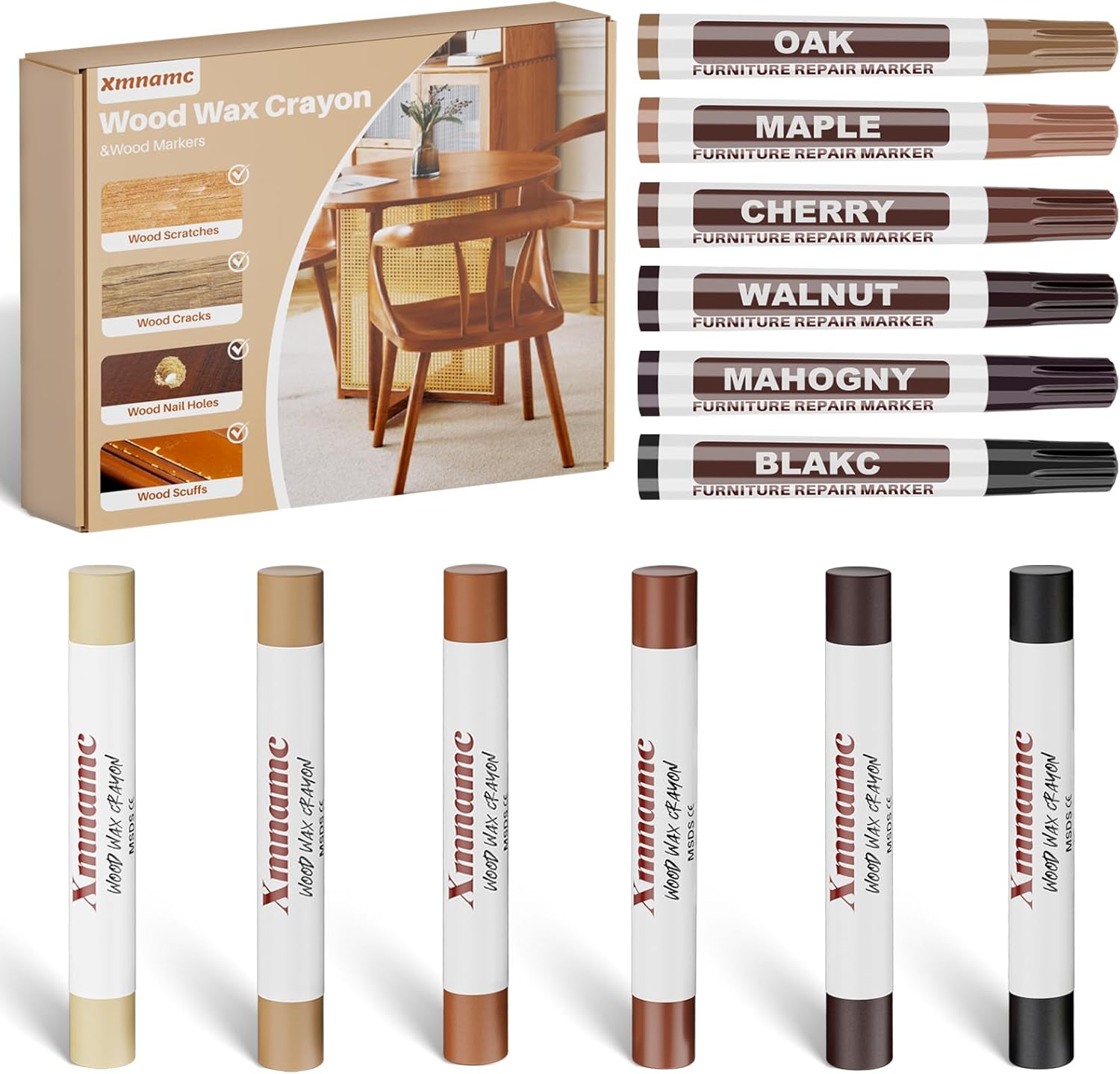 Wood Filler Sticks, 12 Colors Furniture Markers Touch Up for Repair Any Furniture Scratch, Scuffs, Cracks and Nail Holes on Wood Furniture, Floors, Doors, Cabinets, Tables