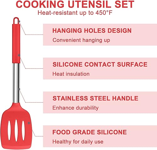 Miniatura 5 de E-far Juego de utensilios de cocina de silicona, 7 piezas de utensilios de cocina resistentes al calor con mango de acero inoxidable, espátula