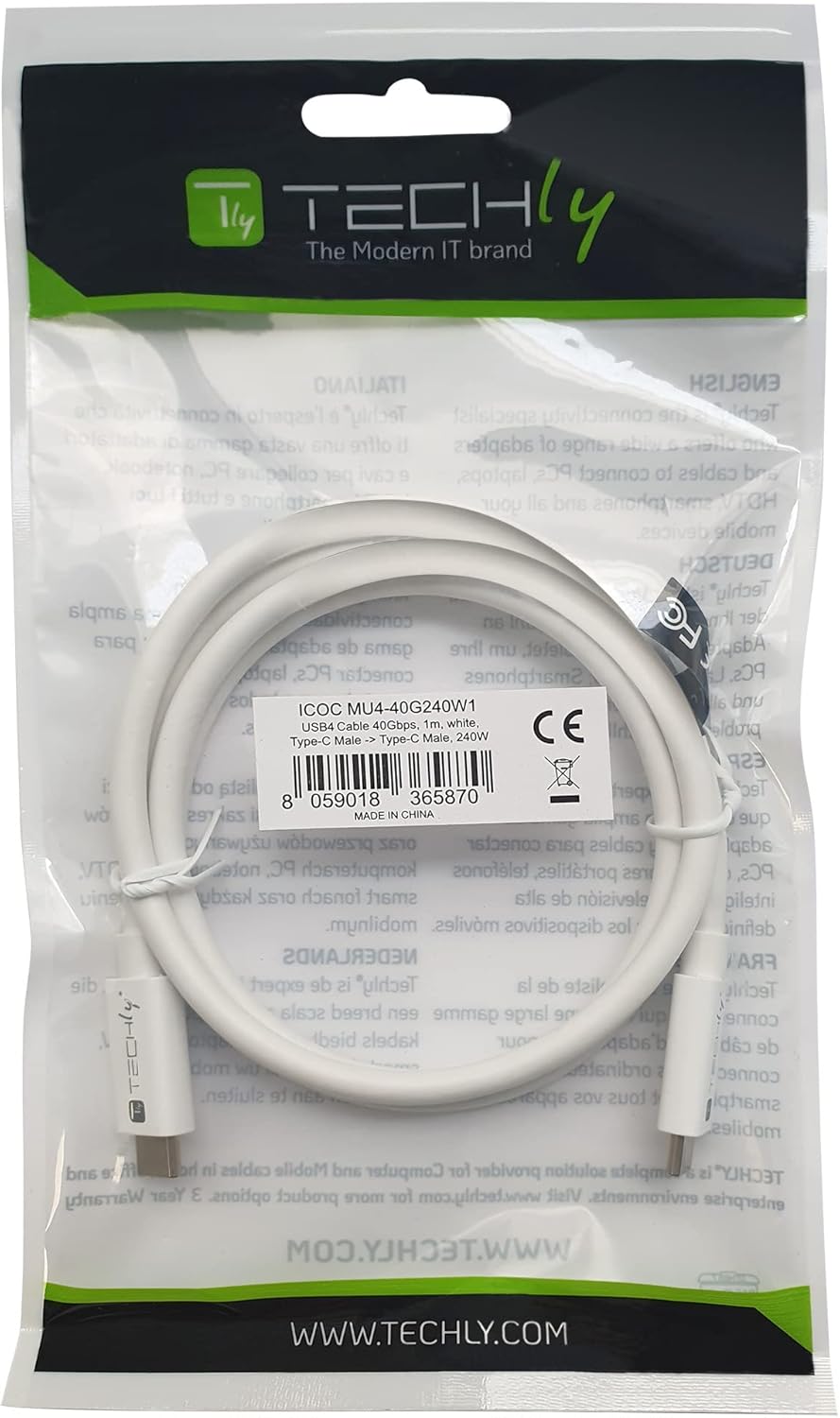 Techly USB Cable 1 M Usb4 Gen 3X2 USB C White, W128898638 (USB C White)