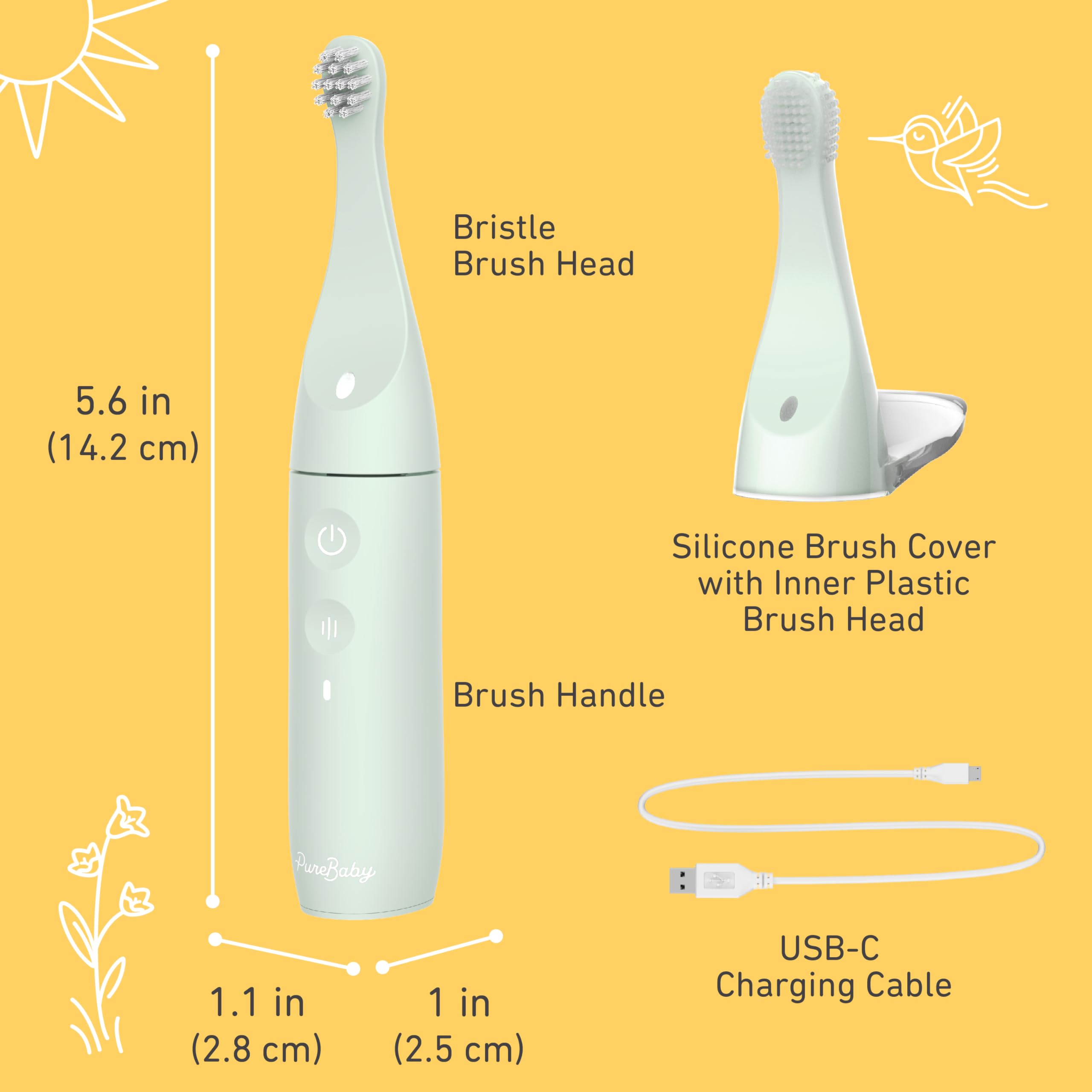 Pure Enrichment PureBaby - Spazzolino elettrico per neonati e bambini, impermeabile, con setole in silicone e setole in silicone, vibrazione sonora e timer, età 6-3 anni, colore: verde salvia