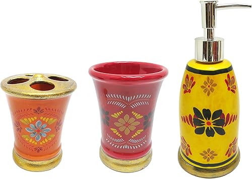 Paseo Road by HiEnd Accents Bonita Talavera - Juego de accesorios de baño de cerámica floral occidental de 3 piezas con dispensador de loción de