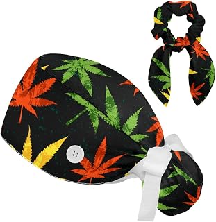 FVQL 2 Pieces Surgical Cap for Long Hair Scrub Cap with Hairband Nurse Cap, Colorful Leaves Pattern