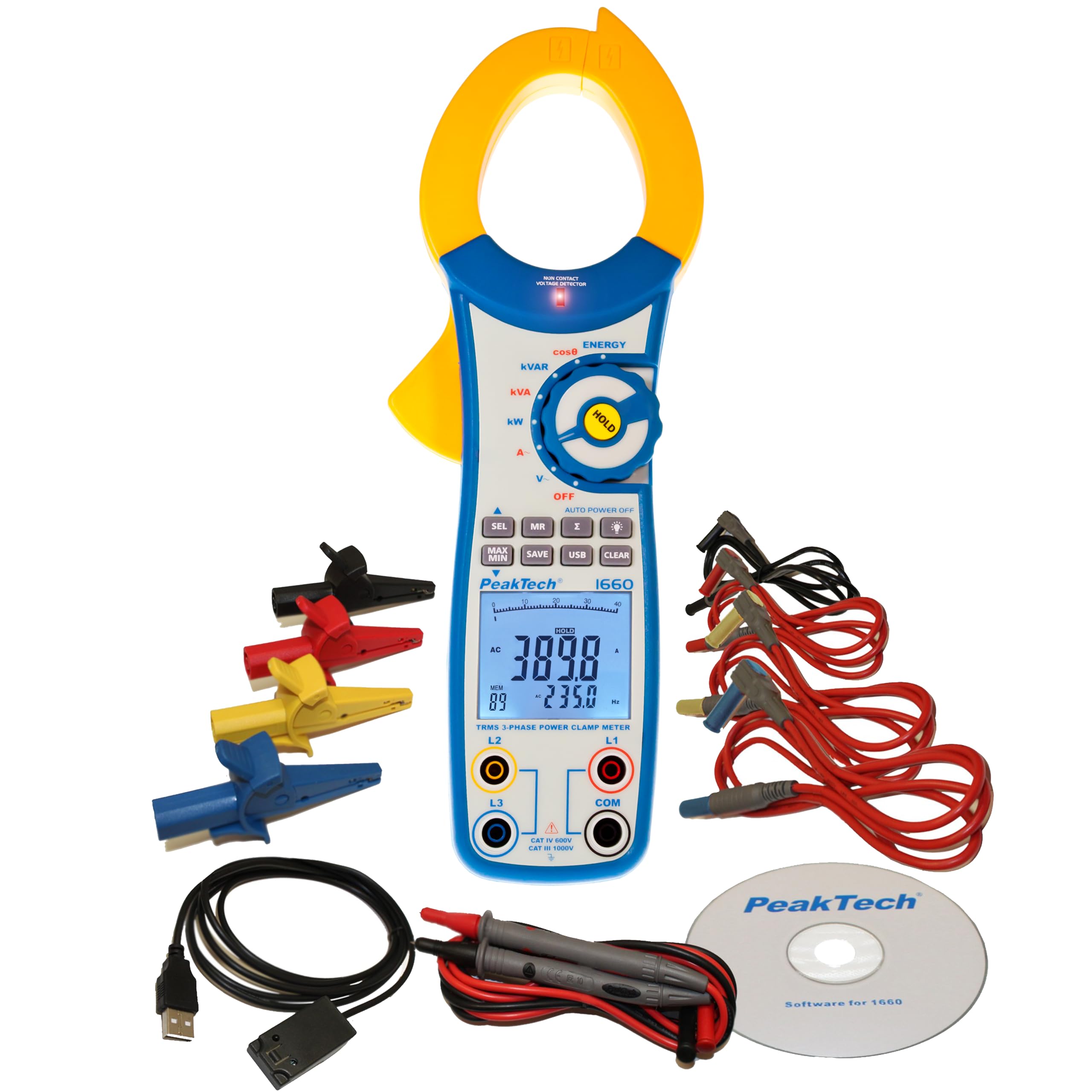 Peaktech P 1660 – Pinza Amperometrica Efficiente con USB, 1000A Ca, 9999 Conteggi, Multimetro Digitale per Kw, kWh, Kva, Tüv/Gs, Pinza Amperometrica, Voltmetro senza Contatto, Tester di Continuità
