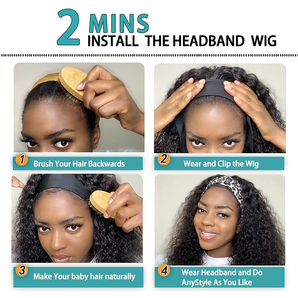 22 Inch Headband Wig Human Hair Water Wave Curly Headband Wig For Women's Easy Style Wigs for Daily Use And Busy Morning Natural Black 150% Density - Image 3