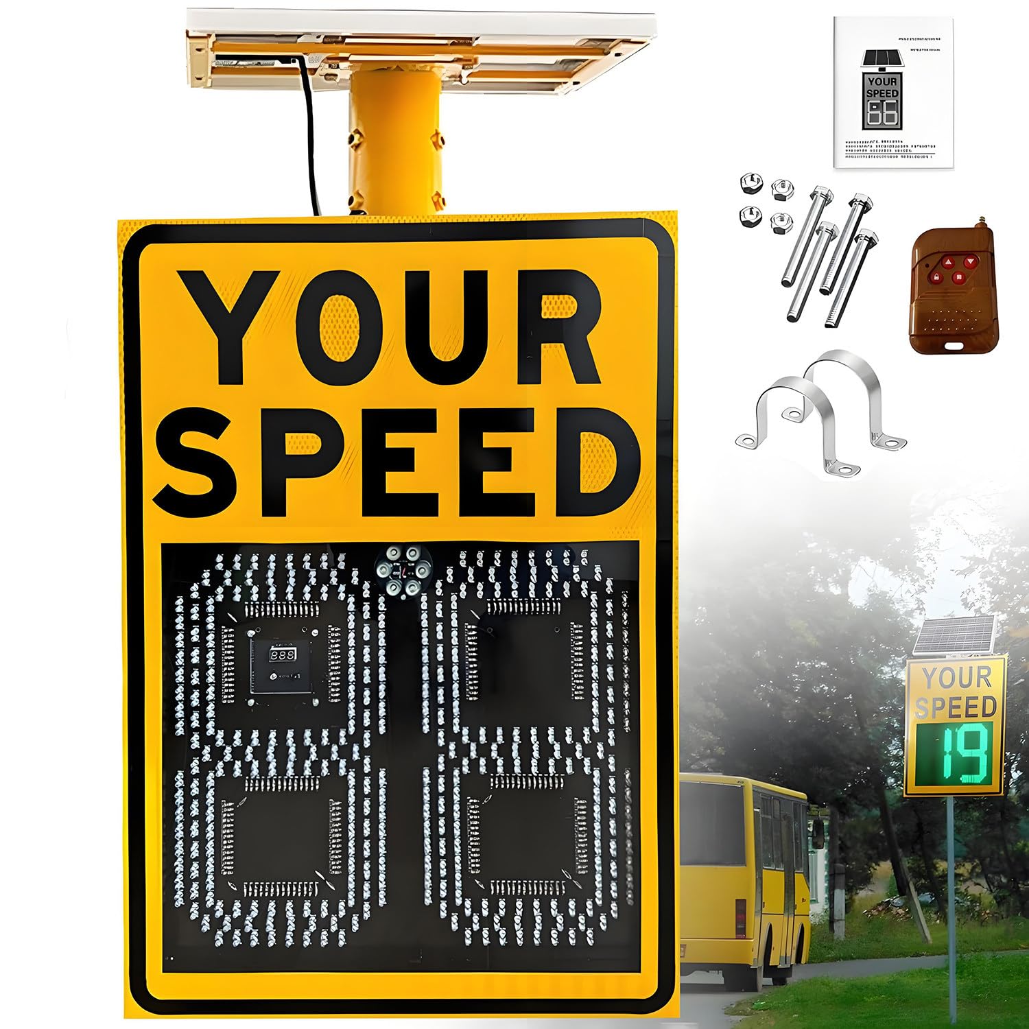 Señal de límite de velocidad de radar con energía solar, pantalla LED de advertencia, límite de velocidad máxima ajustable, 24 x 35 pulgadas, control de tráfico de seguridad vial