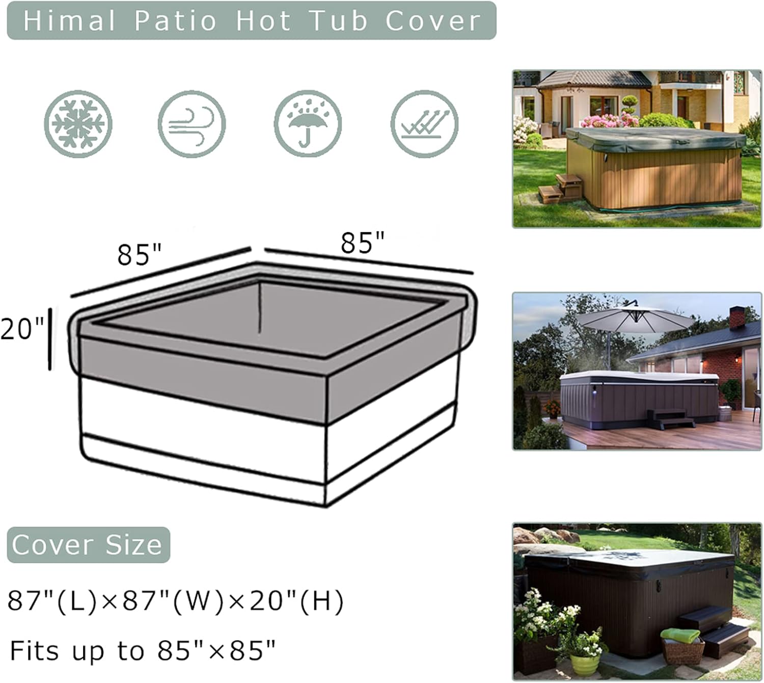 Himal Square Hot Tub Cover - Heavy Duty 600D Polyester Waterproof UV Protection SPA Cover for Hot Tub (85 x 85 inch, Black)