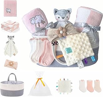 CREVENT Set for Girls -Diaper Caddy Organizer Basket with 2 Blankets, 1 Taggie, 1 Lovey, 3 Socks，1 Headband，1 Gift Bag with Ribbon - Newborn Essential Gift Set (Pink)